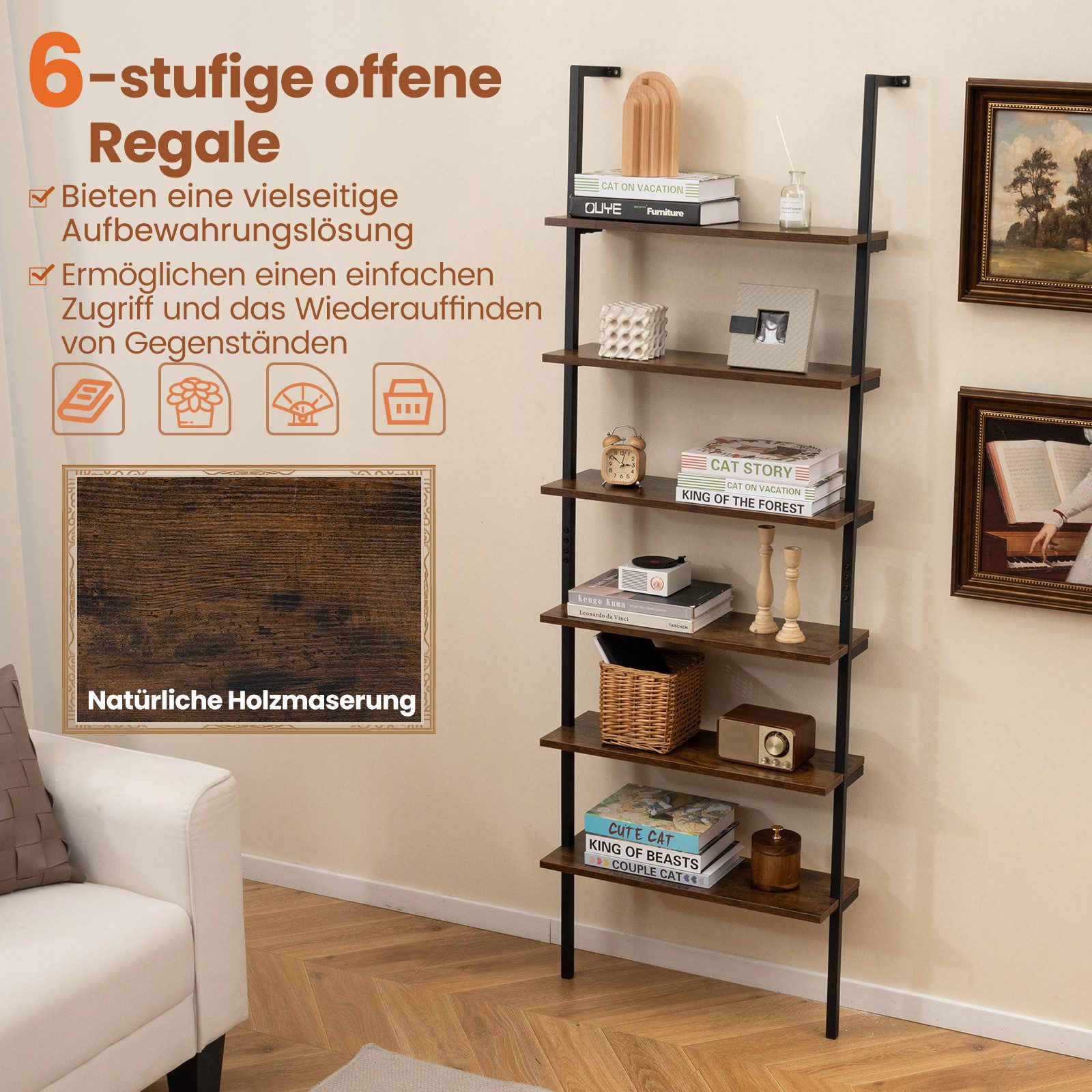 COSTWAY Bücherregal, 6-stöckiges Leiterregal mit Metallrahmen, 20x60x183