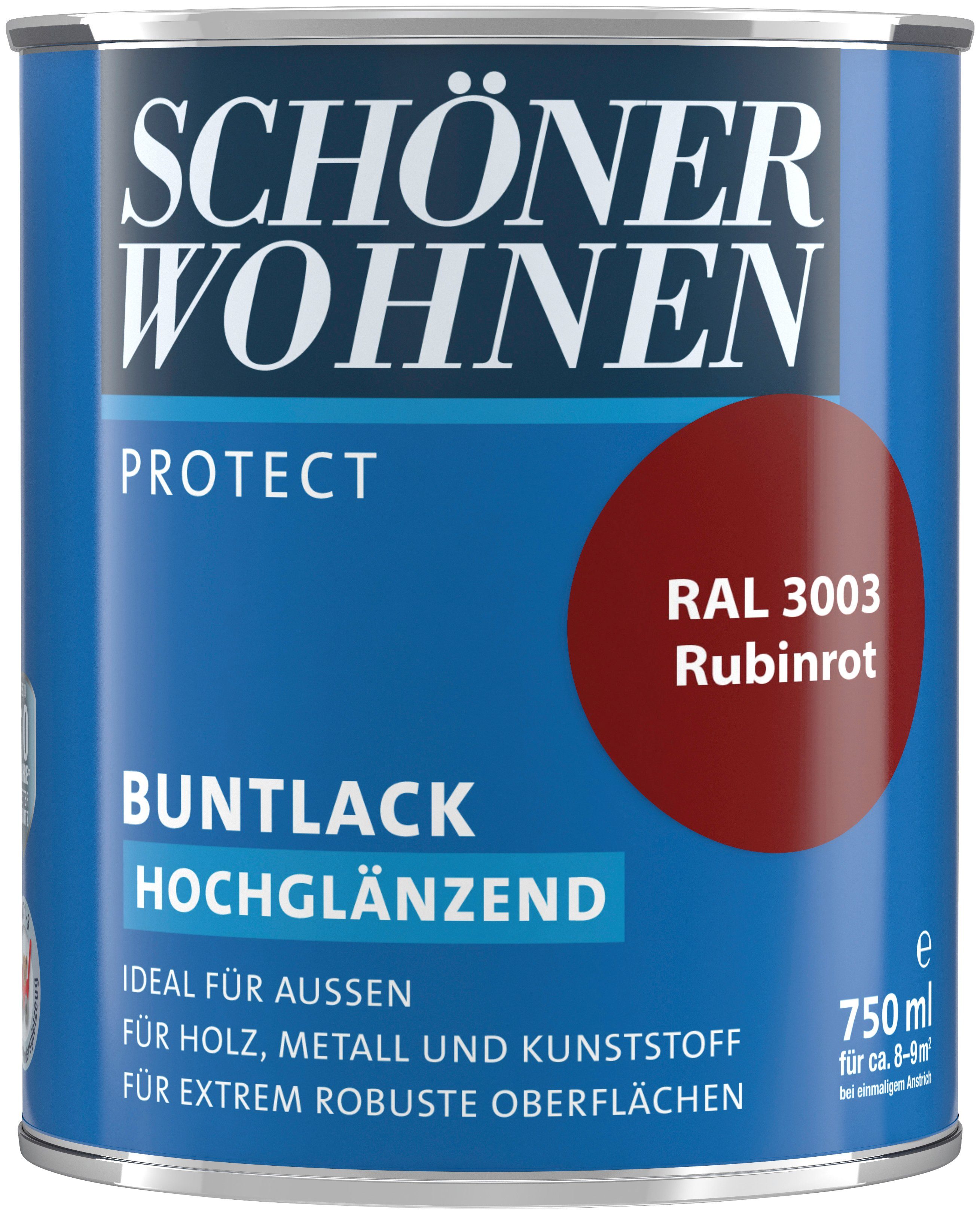 SCHÖNER WOHNEN FARBE rubinrot Protect Buntlack, RAL 3003, für 750 außen ml, Lack hochglänzend, ideal