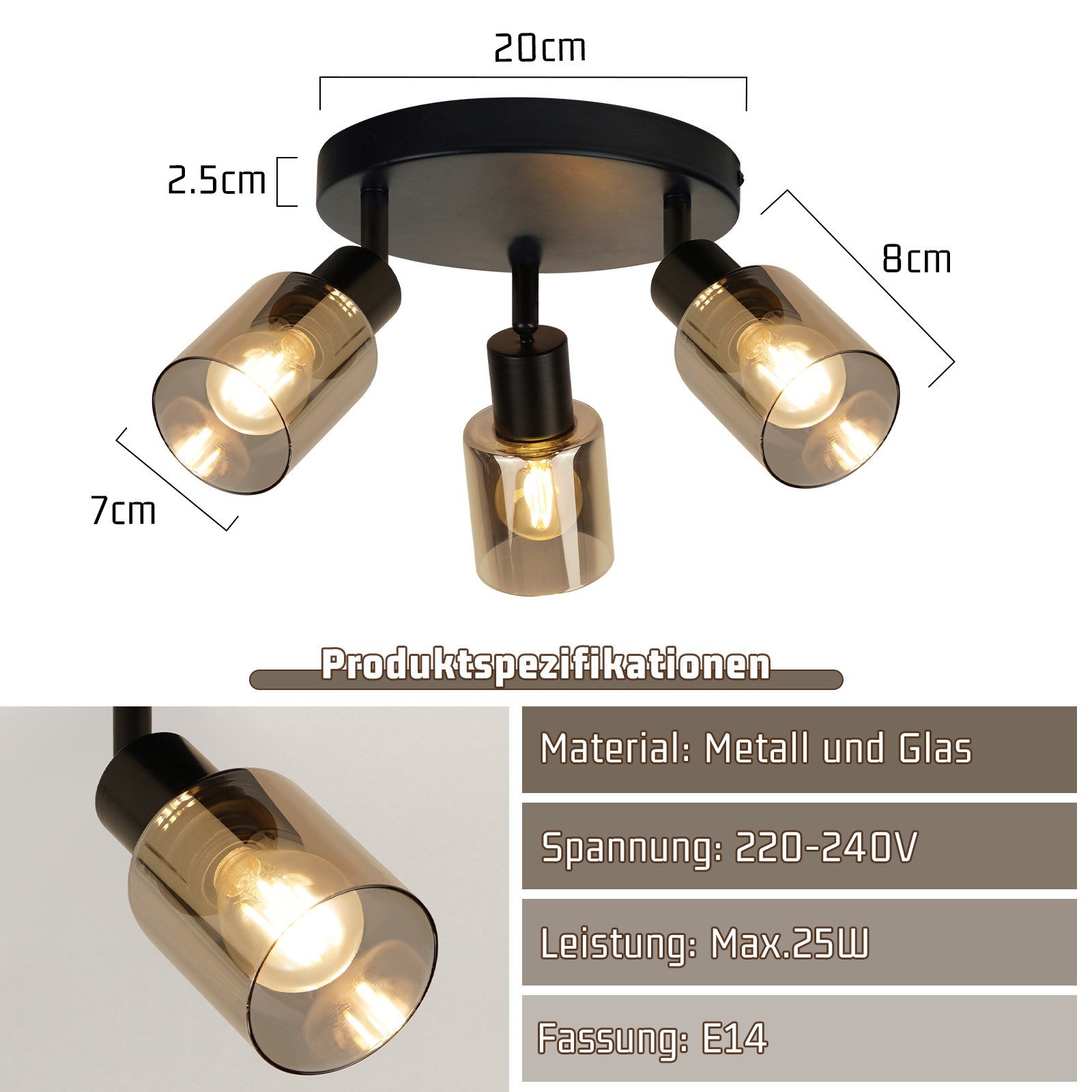 Nettlife Deckenstrahler Schwarz Vintage Glas E14 3 flammig Metall Deckenleuchte Schwenkbar, LED wechselbar, Spotleuchte für Wohnzimmer Flur Küche – Bild 5 von 5