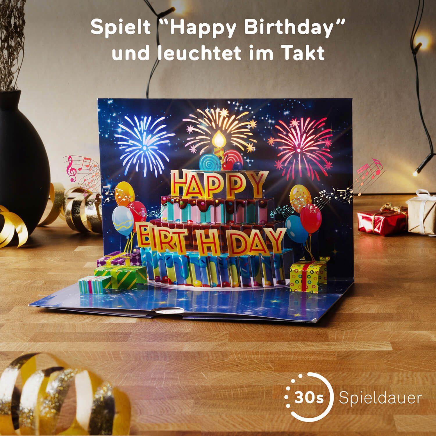 papercrush Geburtstagskarte Buntes Geburtstagsfeuerwerk mit Musik & Licht Pop-Up Karte, Mit Musik & Licht, Handgemacht, Verschenkfertig