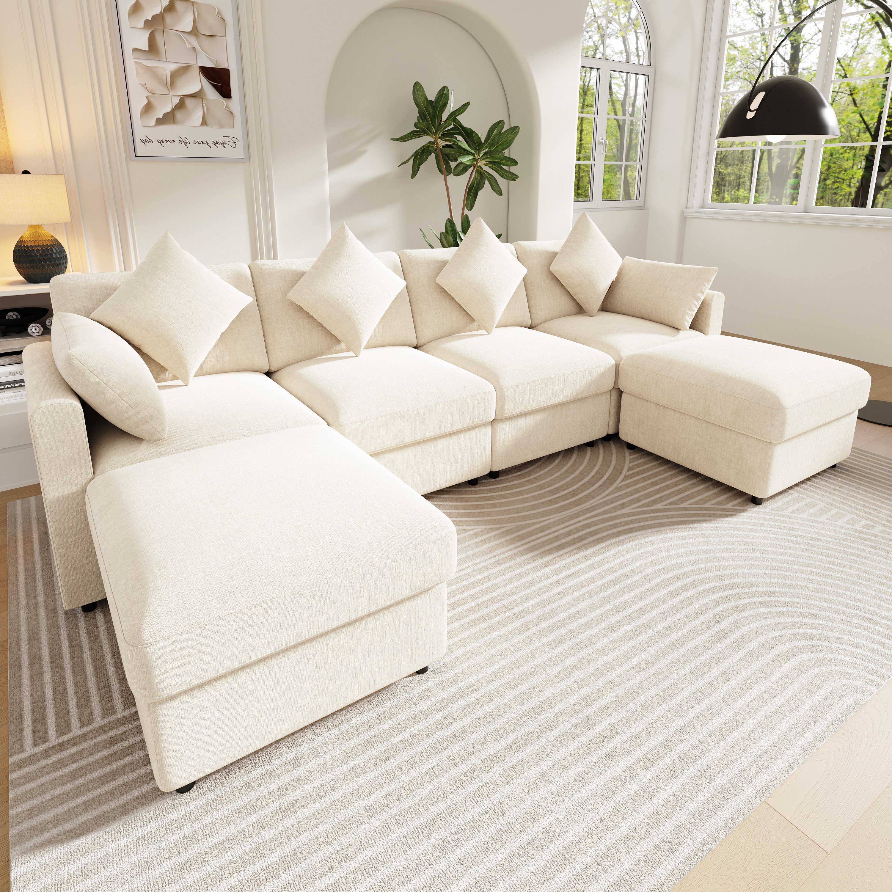 Merax Ecksofa aus Chenille, Modulares Sofa mit verstellbaren Armlehnen, für 4-6 Personen 1 Teile, U-/L-förmiges Sofa mit 2 Hockern, 4 Kissen & 2 Kopfstützen, wandelbar