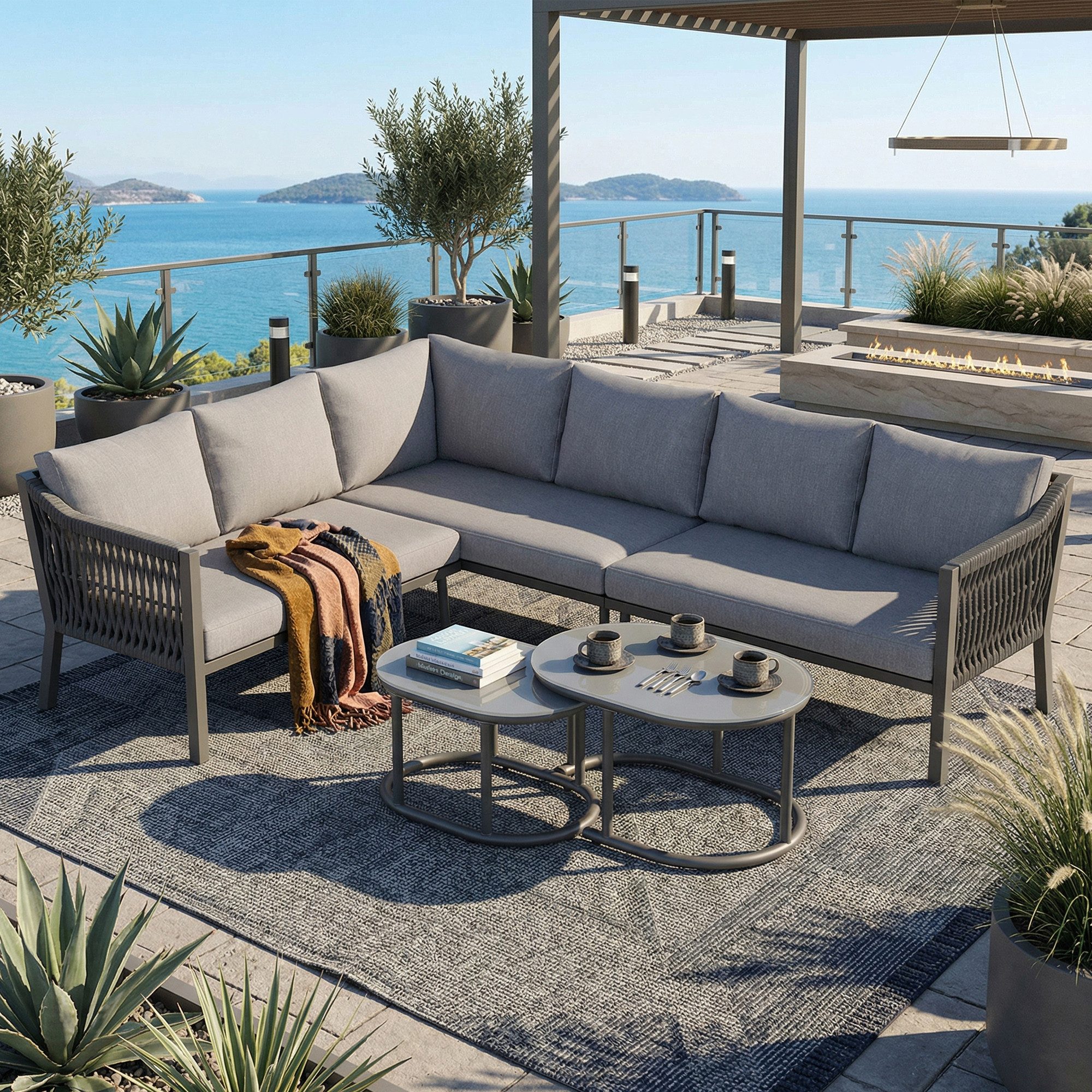 Flieks Gartenlounge-Set, 6-Sitzer Gartenmöbel Ecksofa, handgeflochtenes Seil, Glastischplatte