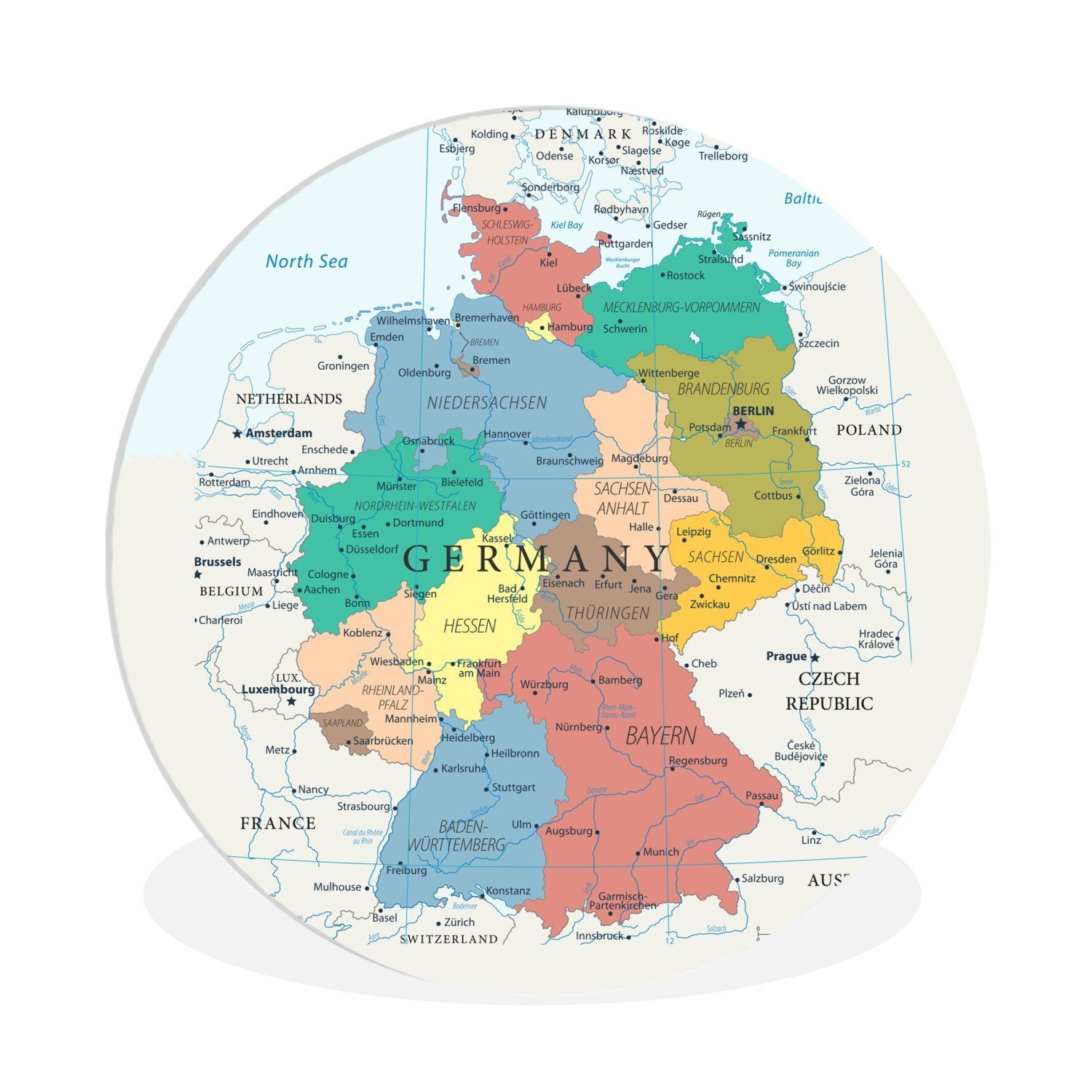 MuchoWow Gemälde Detaillierte Karte von Deutschland, (1 St), Kreis Wanddekoration Forex, Rundes Wandbild, Wohnzimmer, 30x30 cm