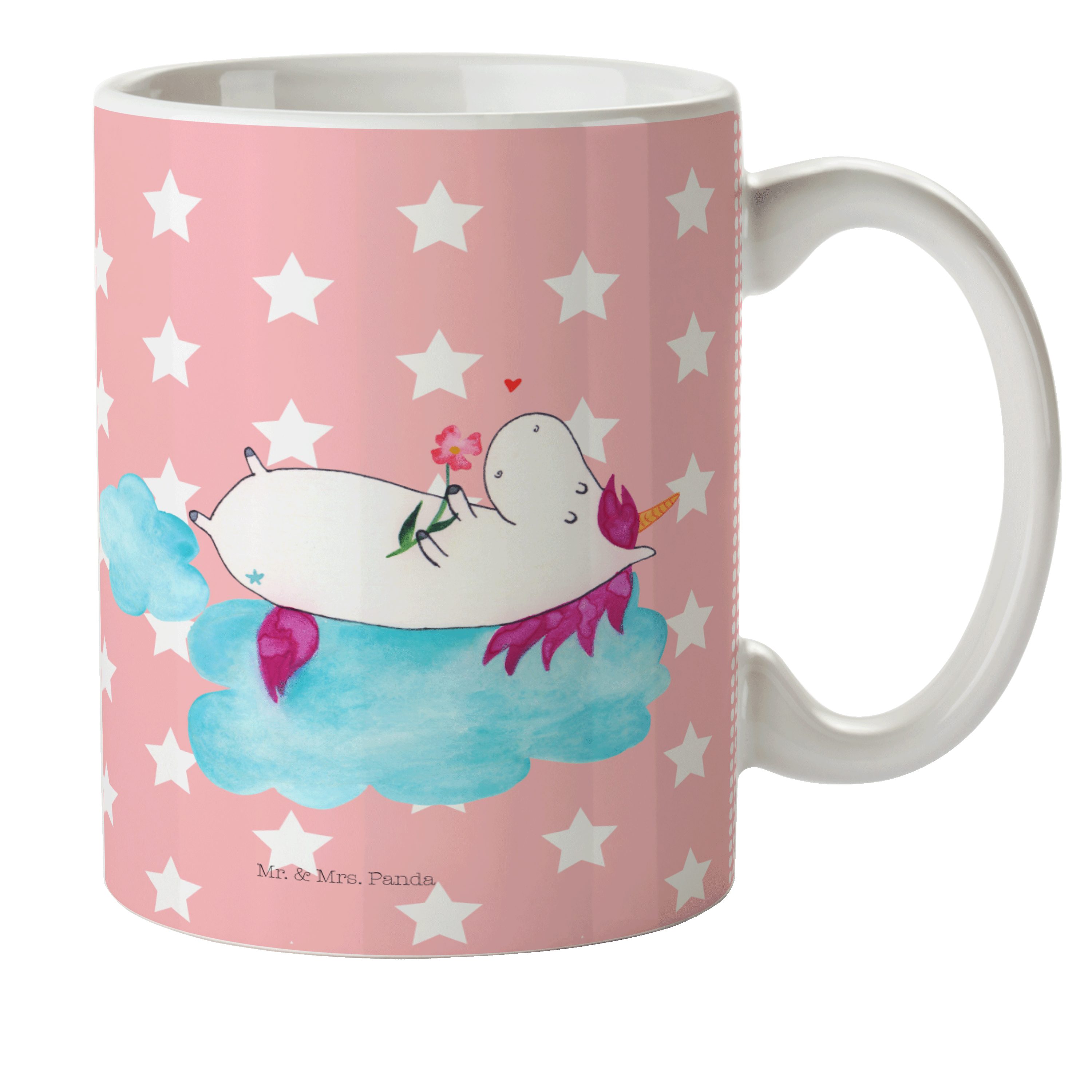 Mr. & Mrs. Panda Kinderbecher Einhorn verliebt auf Wolke - Rot Pastell - Geschenk, Tasse, Kaffeetas, Kunststoff