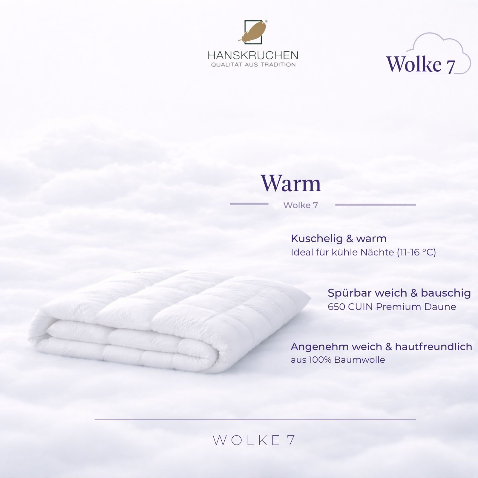 HANSKRUCHEN Daunenbettdecke Hanskruchen Daunendecke Wolke 7 Warm 155 x 220 cm, Bezug: 100% Baumwolle