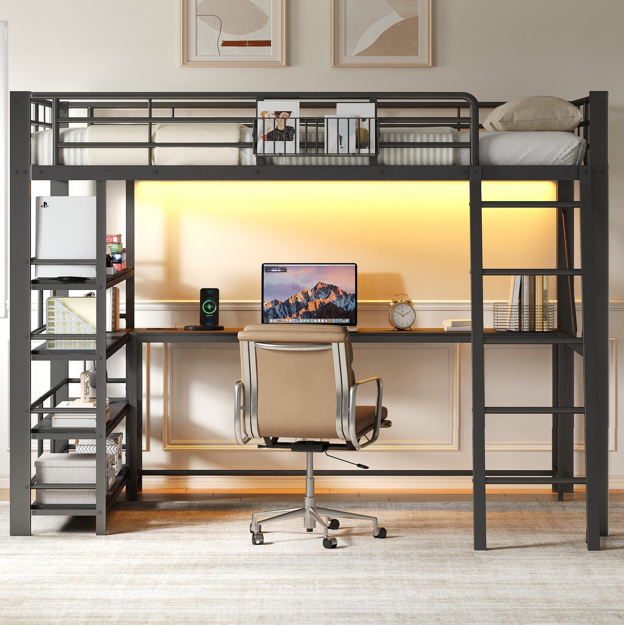 OKWISH Hochbett Erhöhtes Bett mit USB-Ladestation und LED Beleuchtung Design (Packung, 1-St., Schlafplatz mit Staufächern und Aufbewahrungskorb ohne Matratze) 140x200 cm Etagenbett Schwarz aus Metall mit Schreibtisch