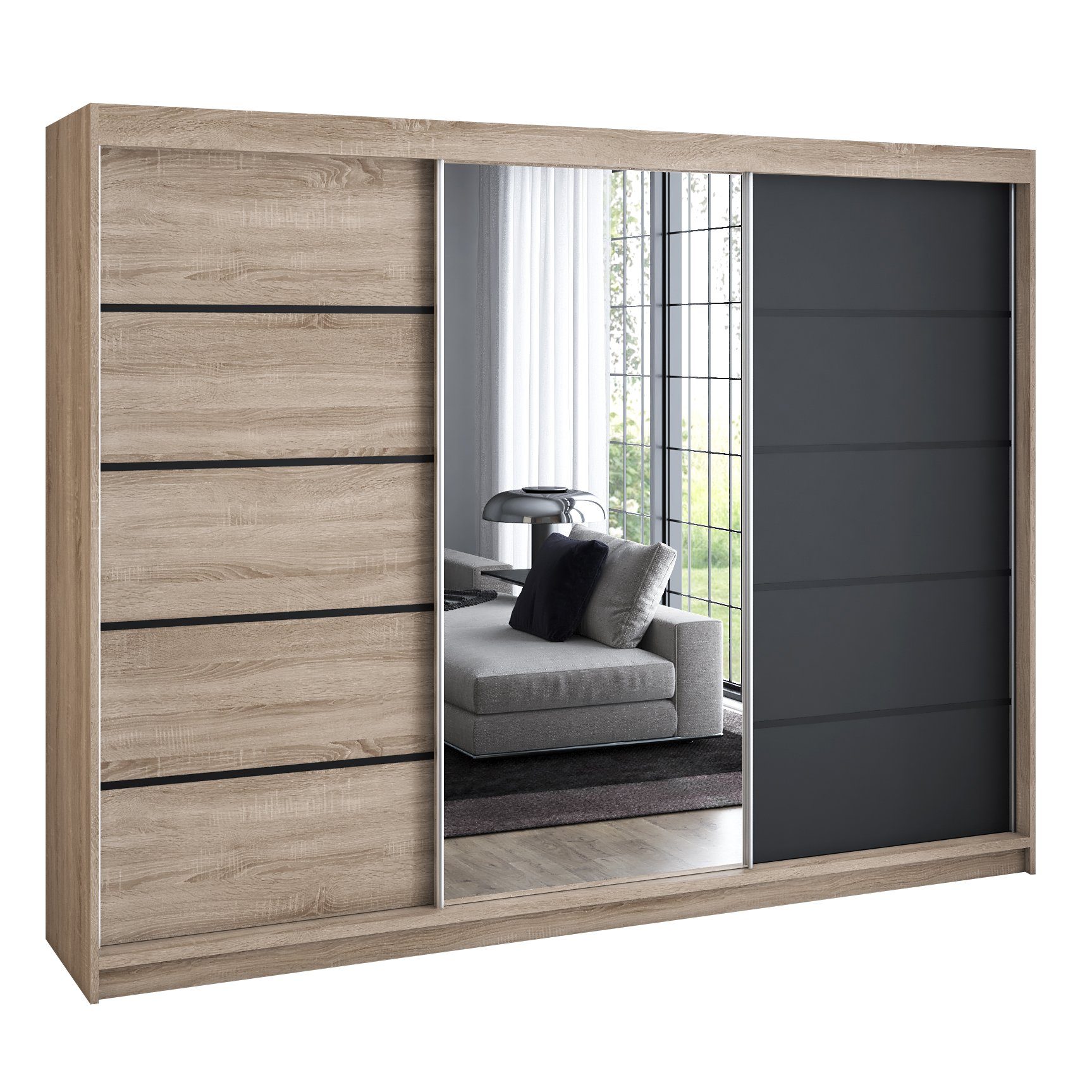 A&J MöbelLand GmbH Schiebetürenschrank VILANO mit 4 Schubladen und Spiegel (только сейчас! TOP ANGEBOT! Geräumiger Schrank mit einer Breite von 200 cm und Spiegel, ideal zur Aufbewahrung von Kleidung und Accessoires. 4 Schubladen und viel Stauraum. TOP PRODUKT! Wählen Sie das ideale Modell für Ihr Schlafzimmer!, Inclusive 4 Schubladen) Breite: 200 cm, Höhe: 215 cm, Tiefe: 59,5 cm