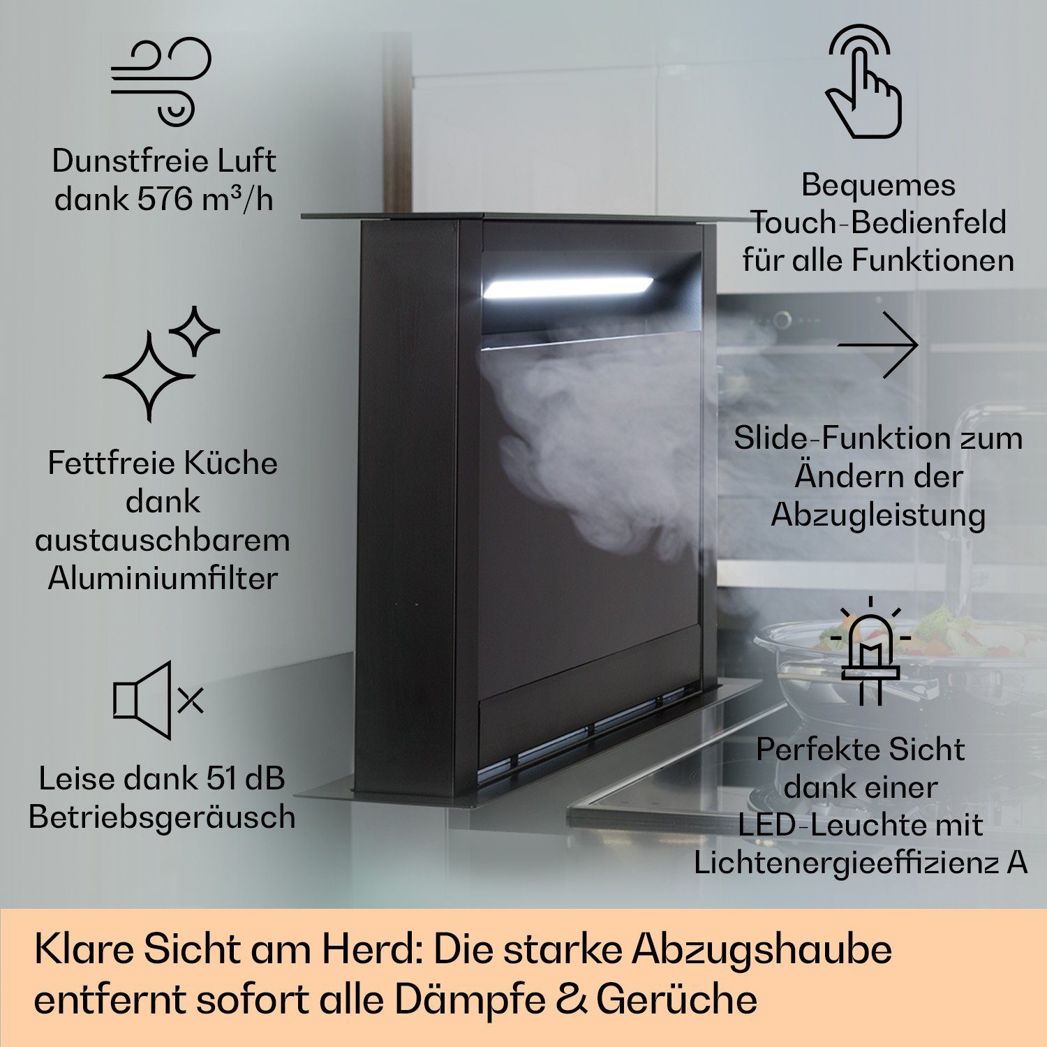 Klarstein Deckenhaube Royal Flush Eco Serie Royal Flush Eco Dunstabzug Downdraft 90 cm 714 m³/h Glas Edelstahl Royal Flush Eco, Versenkbare Tischabzugshaube Abluft Umluft mit LED & 4 Stufen