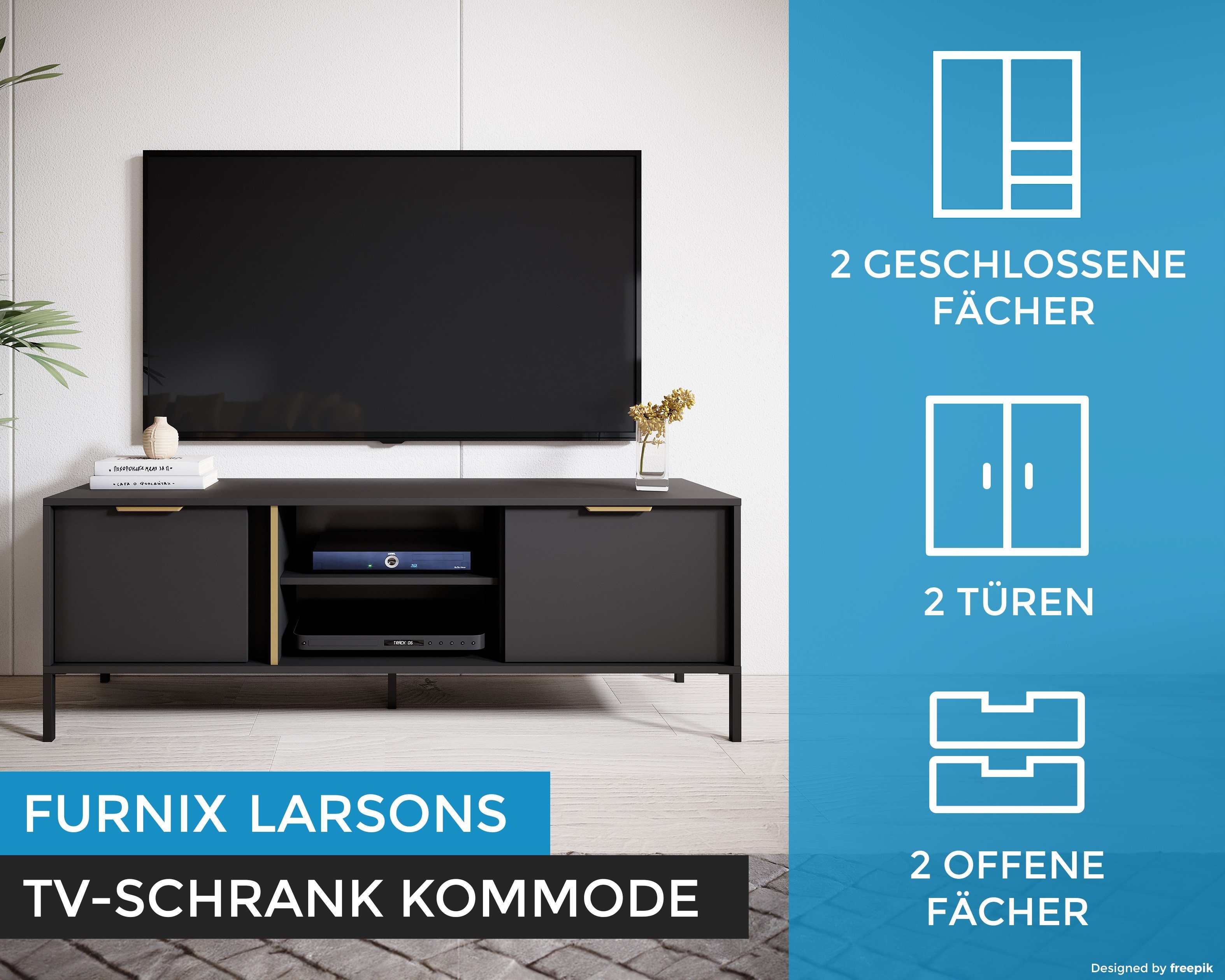 Furnix TV-Schrank Fernsehtisch x H53,4 LARSONS Metallbeine G Kommode x RTV153 2D B153,1 Anthrazit Lowboard cm, T39,5