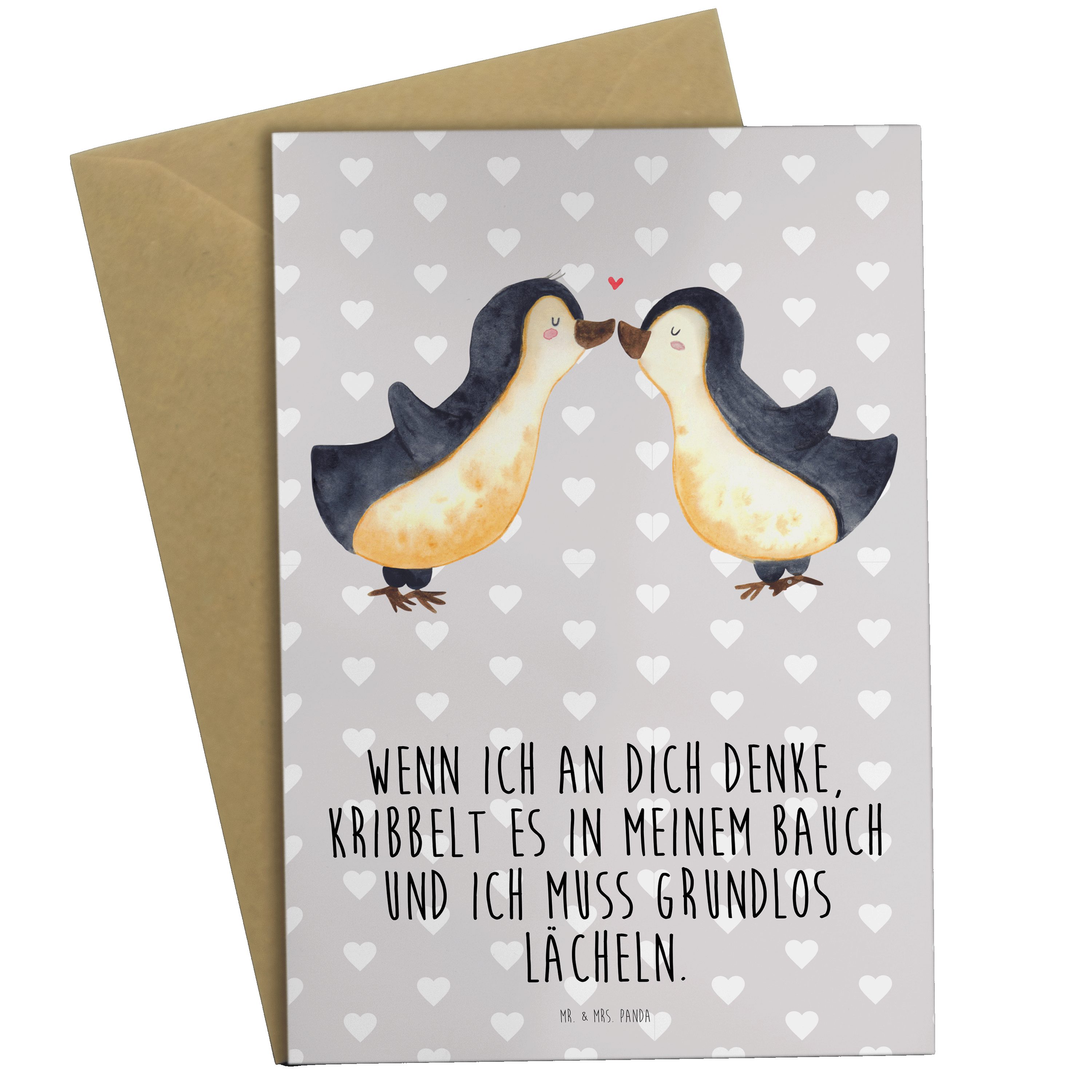 Mr. & Mrs. Panda Grußkarte Pinguine Kuss - Grau Pastell - Geschenk, Verlobung, Liebesbeweis, Ehe
