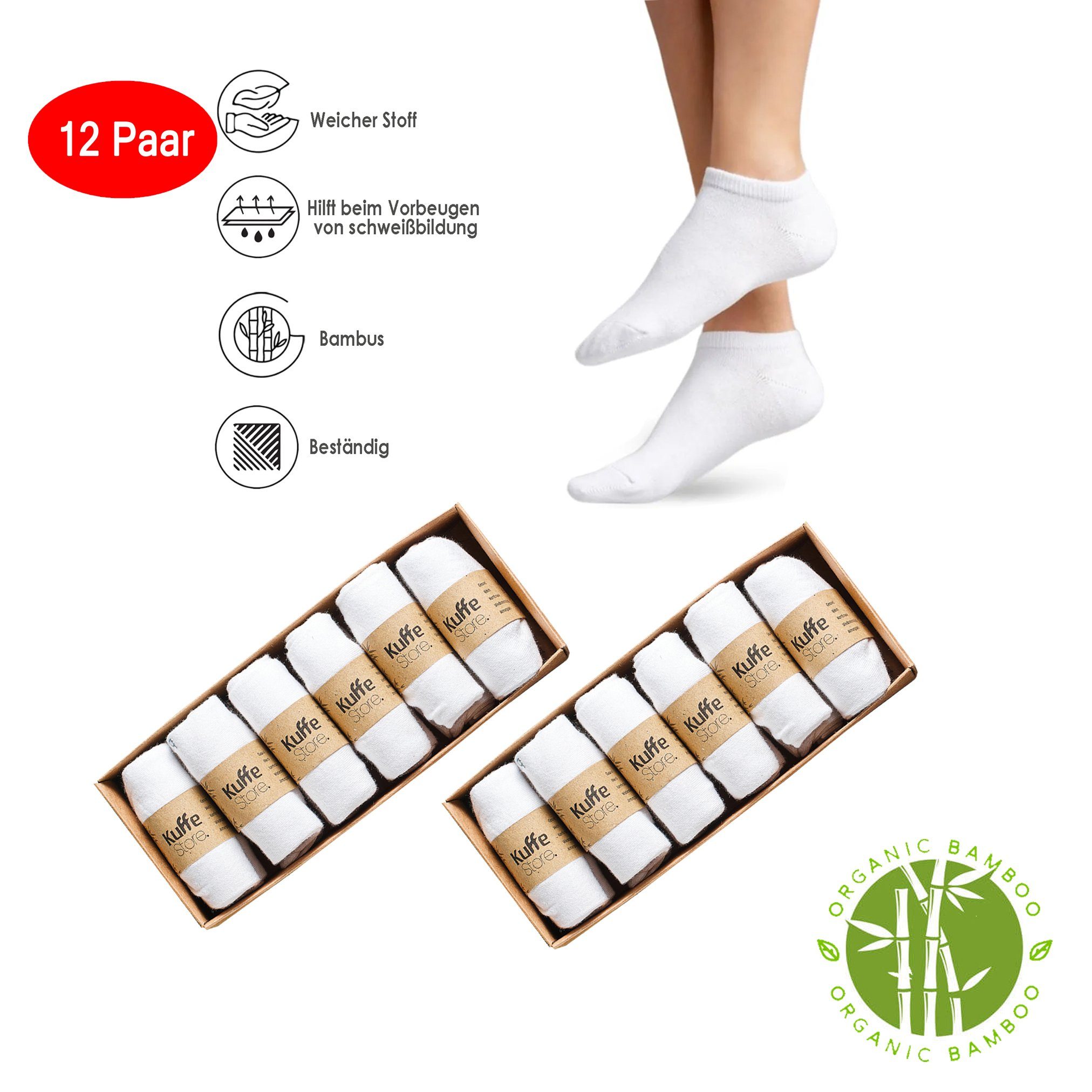 Kuffe Sportsocken Bambussocken 12 Paar,(Box, 6er-Pack x2)Atmungsaktiv UndAntibakteriell Weiß