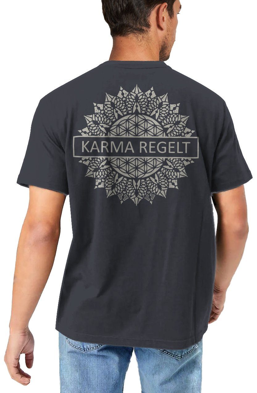 MAKAYA T-Shirt mit Rücken Druck Herren Lustig Spruch Karma Regelt Esoterik Geschenke Rückenprint Grau