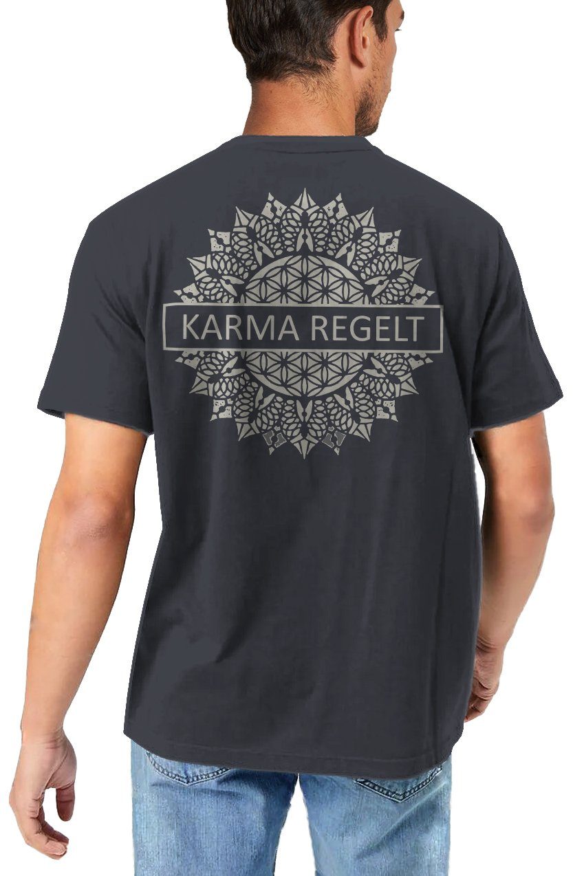 Herren Grau MAKAYA Regelt Lustig Karma Druck Geschenke T-Shirt Rückenprint Esoterik Spruch mit Rücken