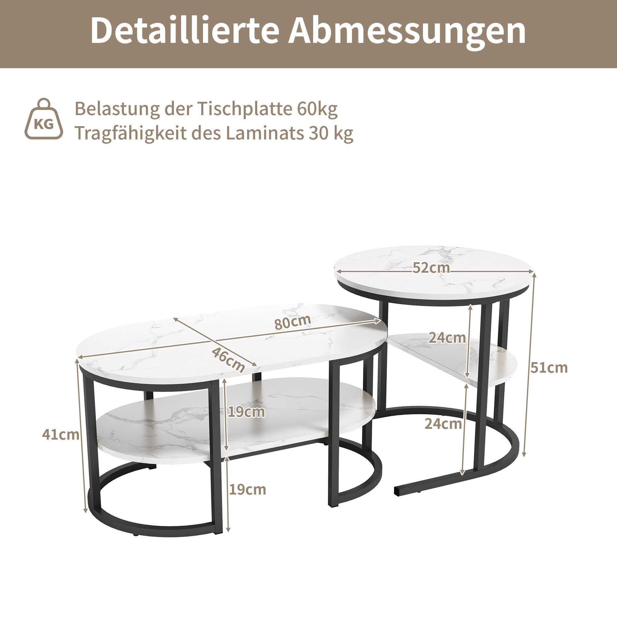 BELUPAI Couchtisch 2in1 Beistelltisch, Runder Tisch mit Marmoroptik (2er Set, 1-St., Satztisch), 80x46x41cm und 52x52x51cm,Weiß-Schwarz