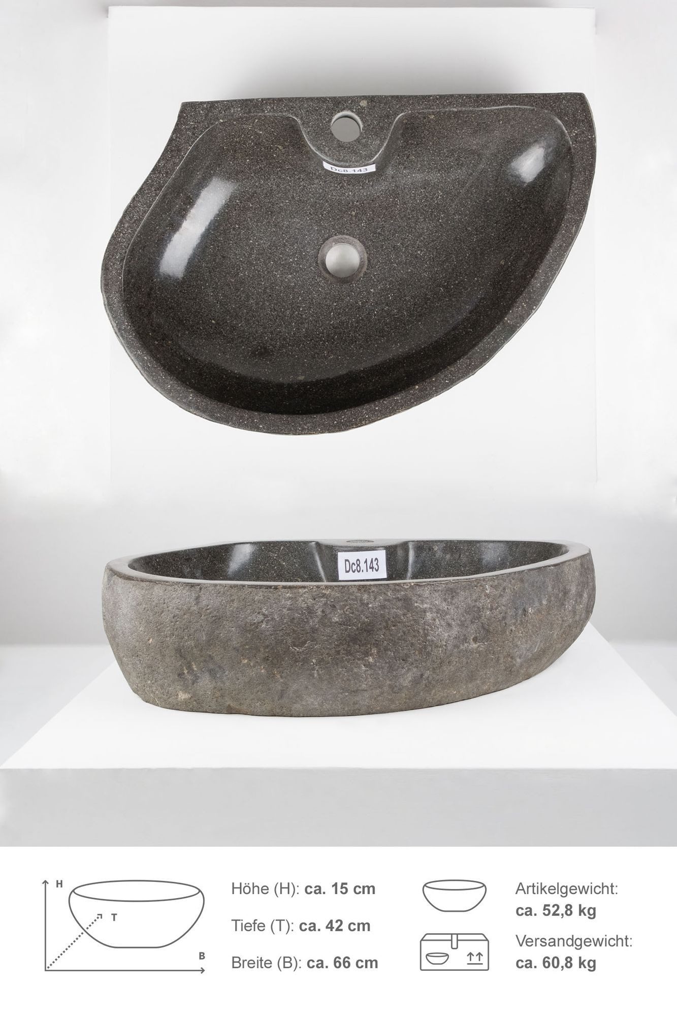 Aufsatzwaschbecken Natursteinwaschbecken 60 cm mit Hahnloch