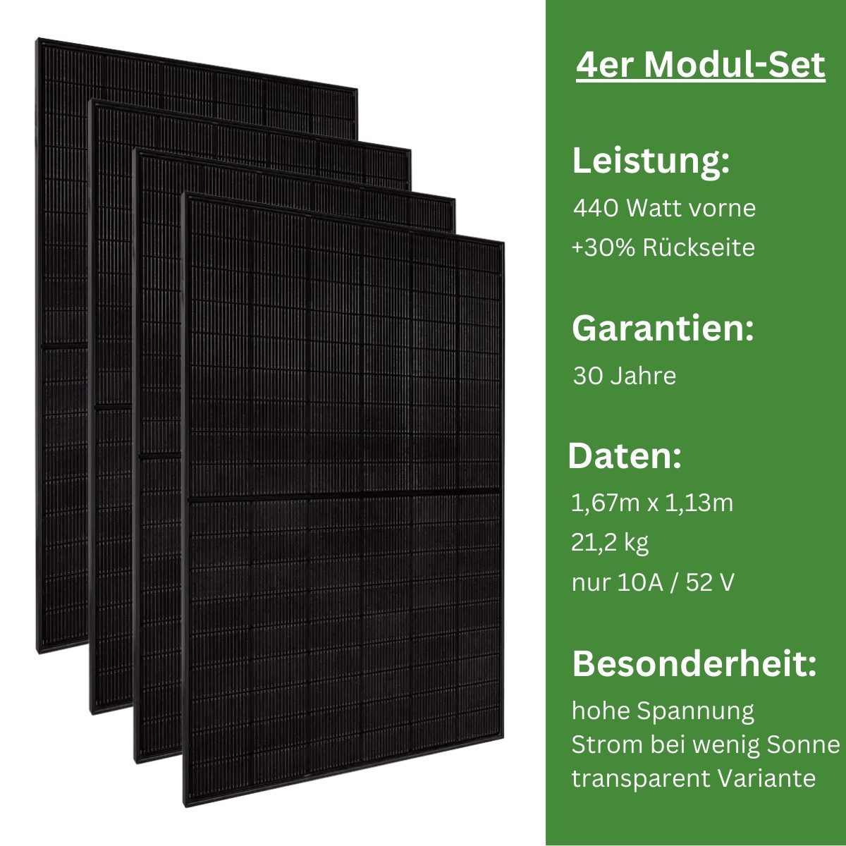 MyVoltaics Balkonkraftwerk 800 Watt MODULE nachrüsten mit 4 Modulen je 440+ Watt Versand gratis, 1760 W, Trinasolar bifazial, (Set, 4-St., mehr Solarstrom auch bei geringer Sonne (Winter, dunkle Jahreszeit), 1760+ W zusätzlich, Module sehr belastbar und witterungsbeständig