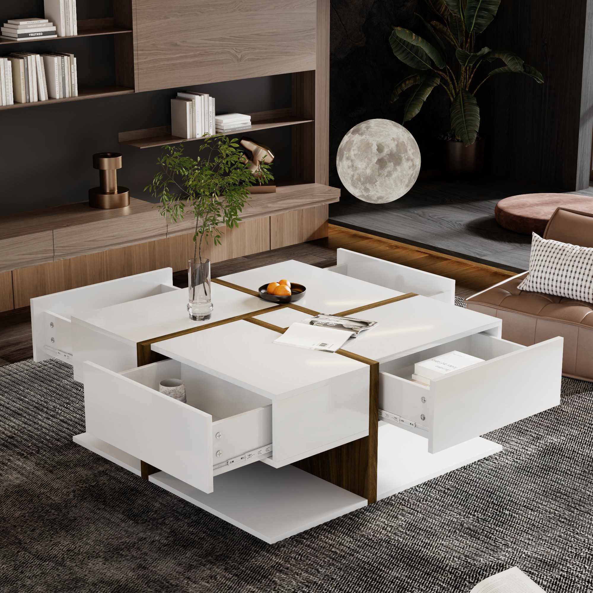 autolock Couchtisch Quadratischer Couchtisch mit 4 Schubladen kompakt & funktional (78×78×36 cm), Sofa-Beistelltisch für Schlafzimmer und Wohnzimmer