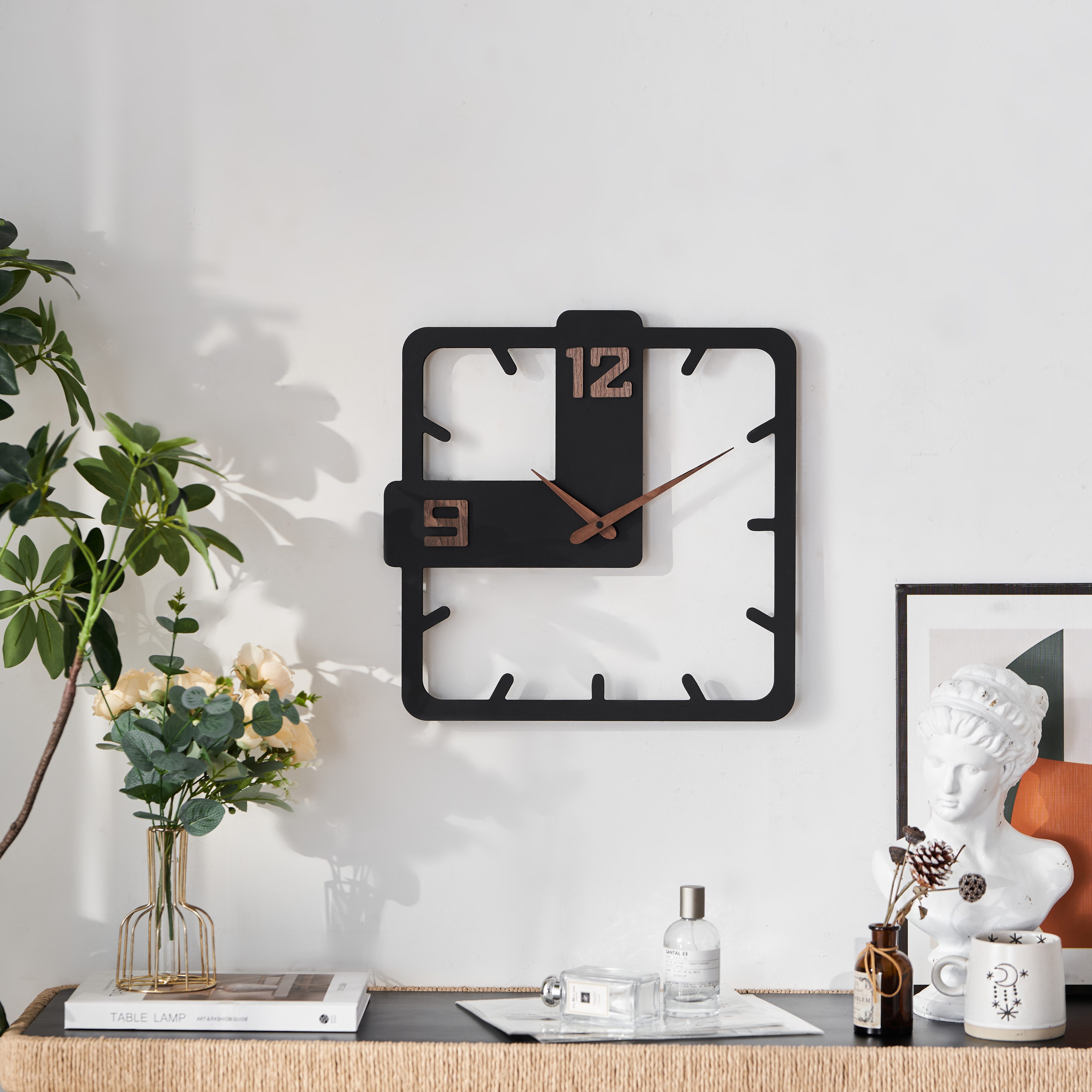 K&L Wall Art Pendelwanduhr MDF Wanduhr Holz Pendeluhr Schwarz Wohnzimmeruhr (lautloses Uhrwerk ohne Ticken)
