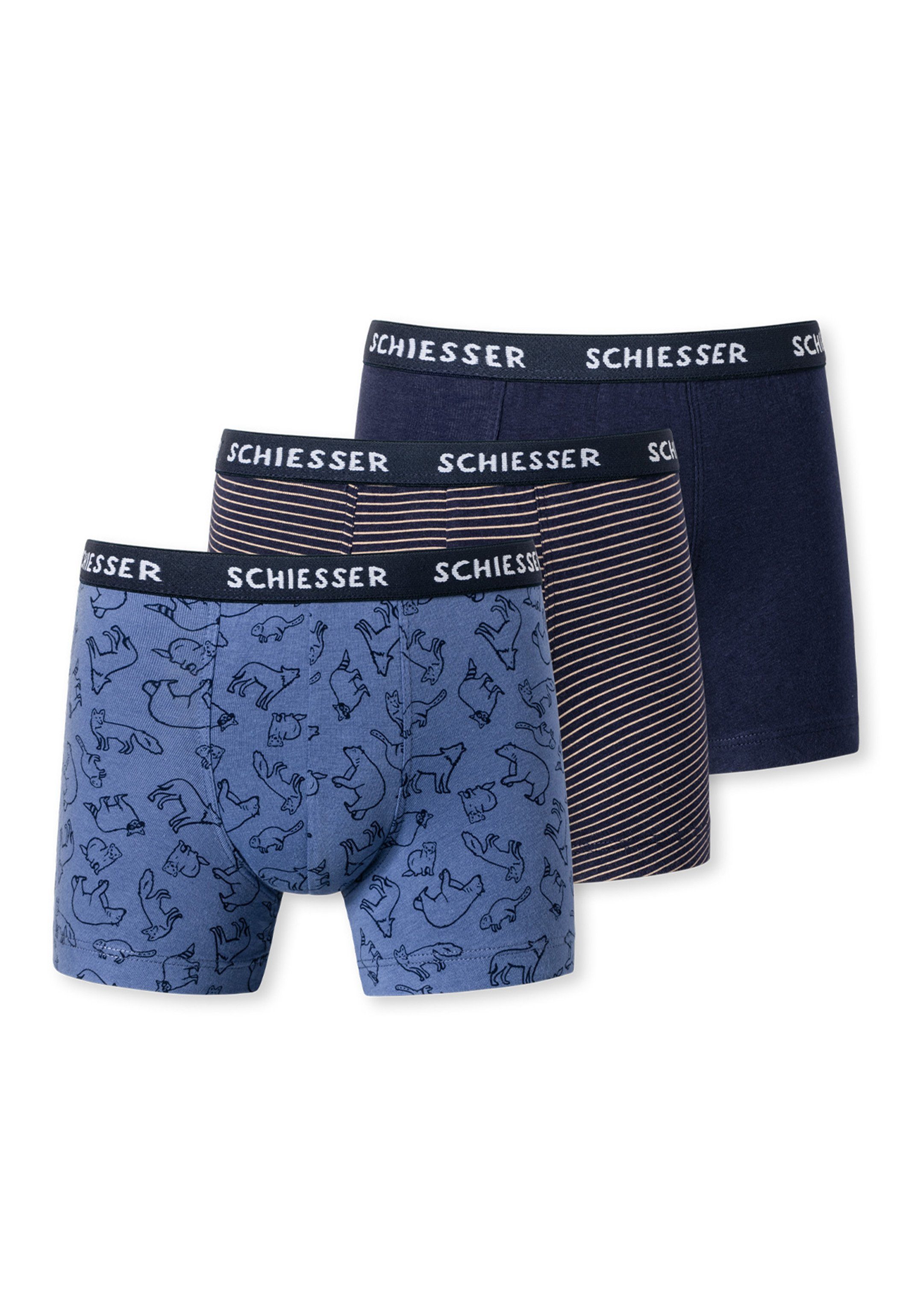 Schiesser Retro Boxer 3er - Pant 3-St) Baumwolle 95/5 gemustert (Spar-Set, Blau Boys Kids Retro-Short Eingriff Cotton - - Ohne / Organic Pack