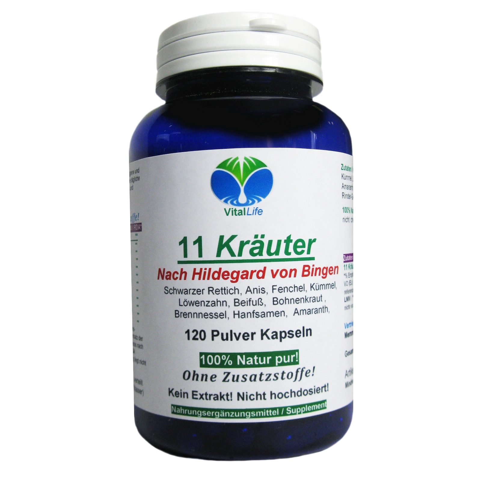 VitalLife LEBER KOMPLEX TOP 11 Kräuter "BITTERSTOFFE" nach Hildegard von Bingen Kapseln, 1 er Dose à 120 St., 60 g, Art. 26321