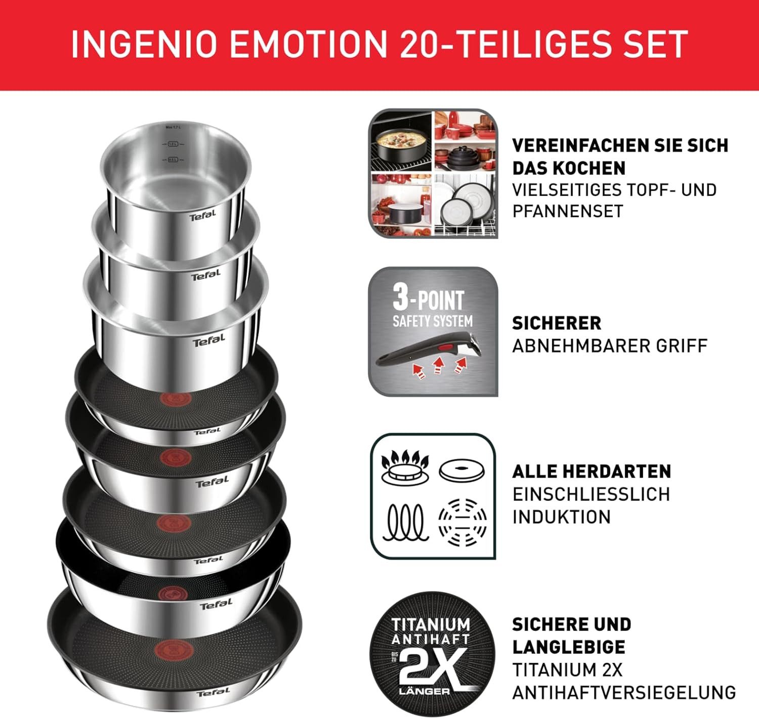 Tefal Topf-Set Tefal Ingenio Emotion 20-tlg. Topf und Pfannenset, (20-tlg)