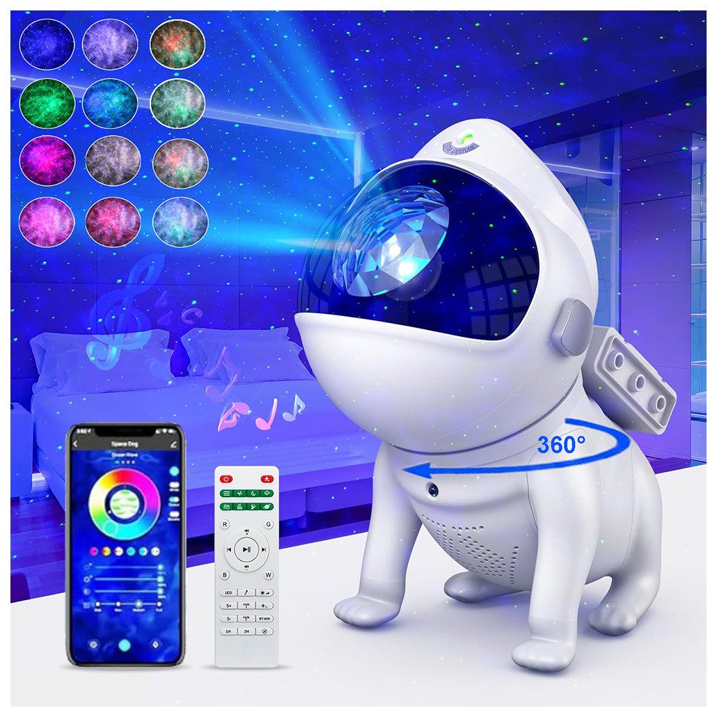 Jibenhome Nachtlicht Sternenhimmel Projektor Hund Lautsprecher Galaxy Projektor Timer Deko, Dimmbar 21 Lichteffekte 360° Verstellbar Musik Sync. Kinder Zimmer