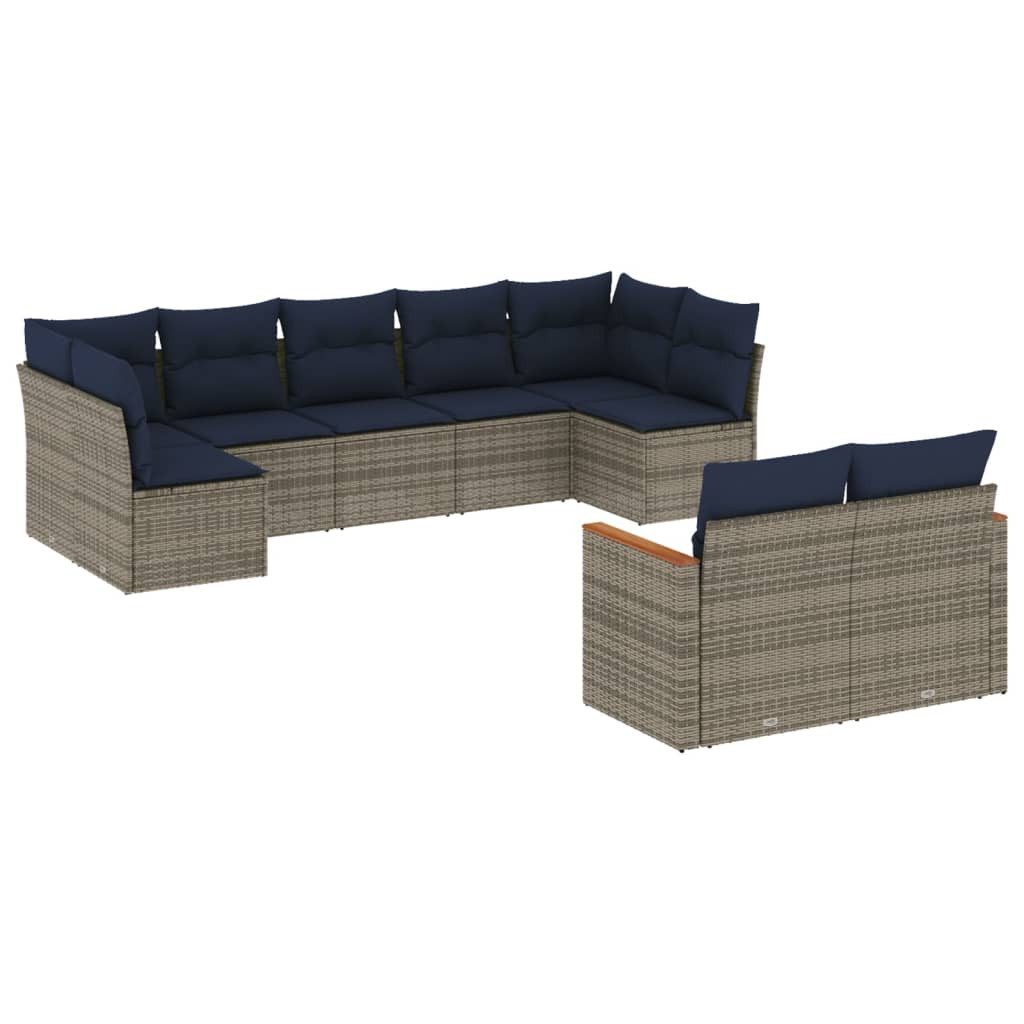 Gartenlounge-Set 9-teiliges Gartensofa-Set mit Kissen, grau, Polyrattan