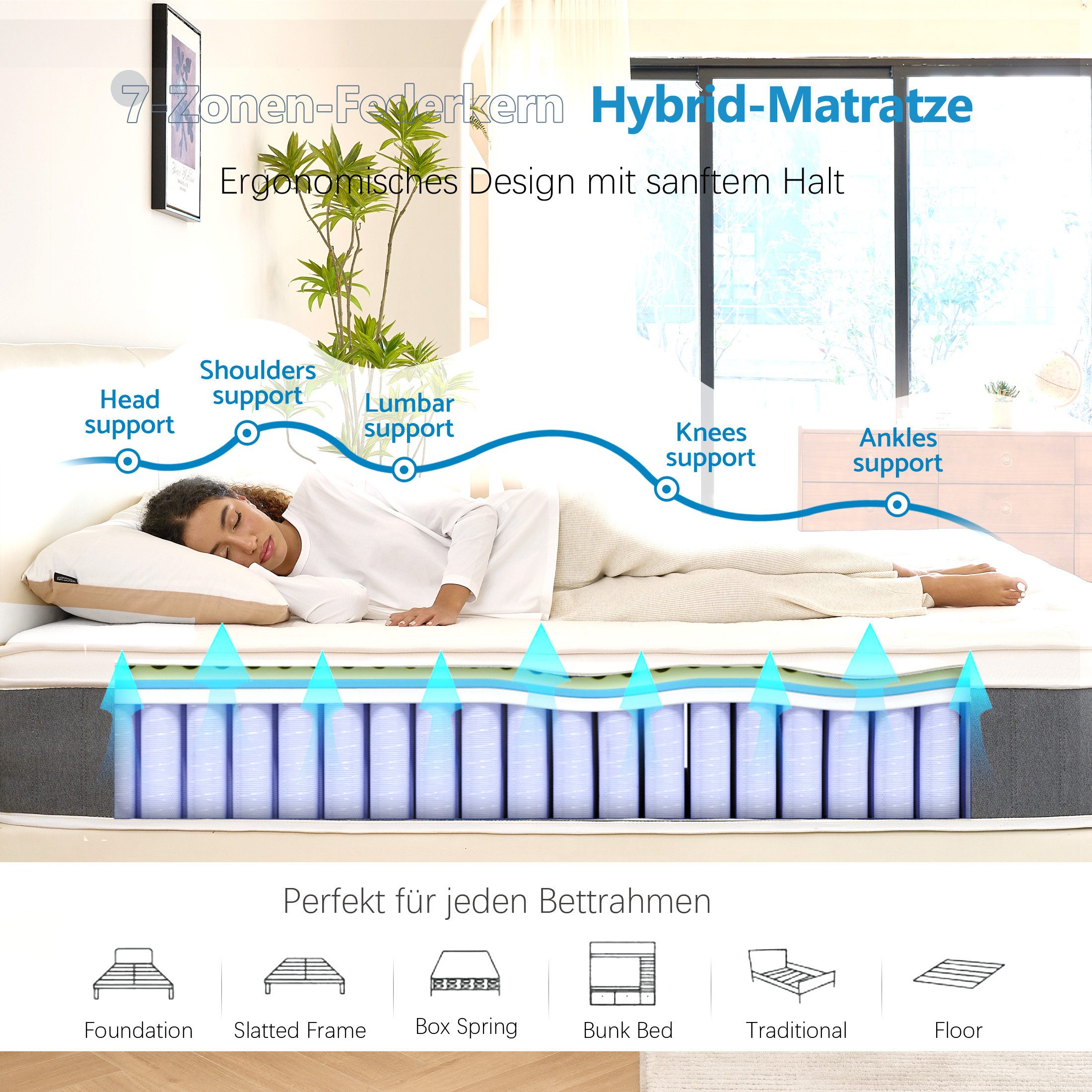 Taschenfederkernmatratze 180 x 200cm, 26cm H3 Höhe – 7-Zonen Orthopädische Matratze, Bednew, 26 cm hoch, mit Comfort Memory-Schaum Schicht, 101 Nächte Probeschl – Bild 5 von 5