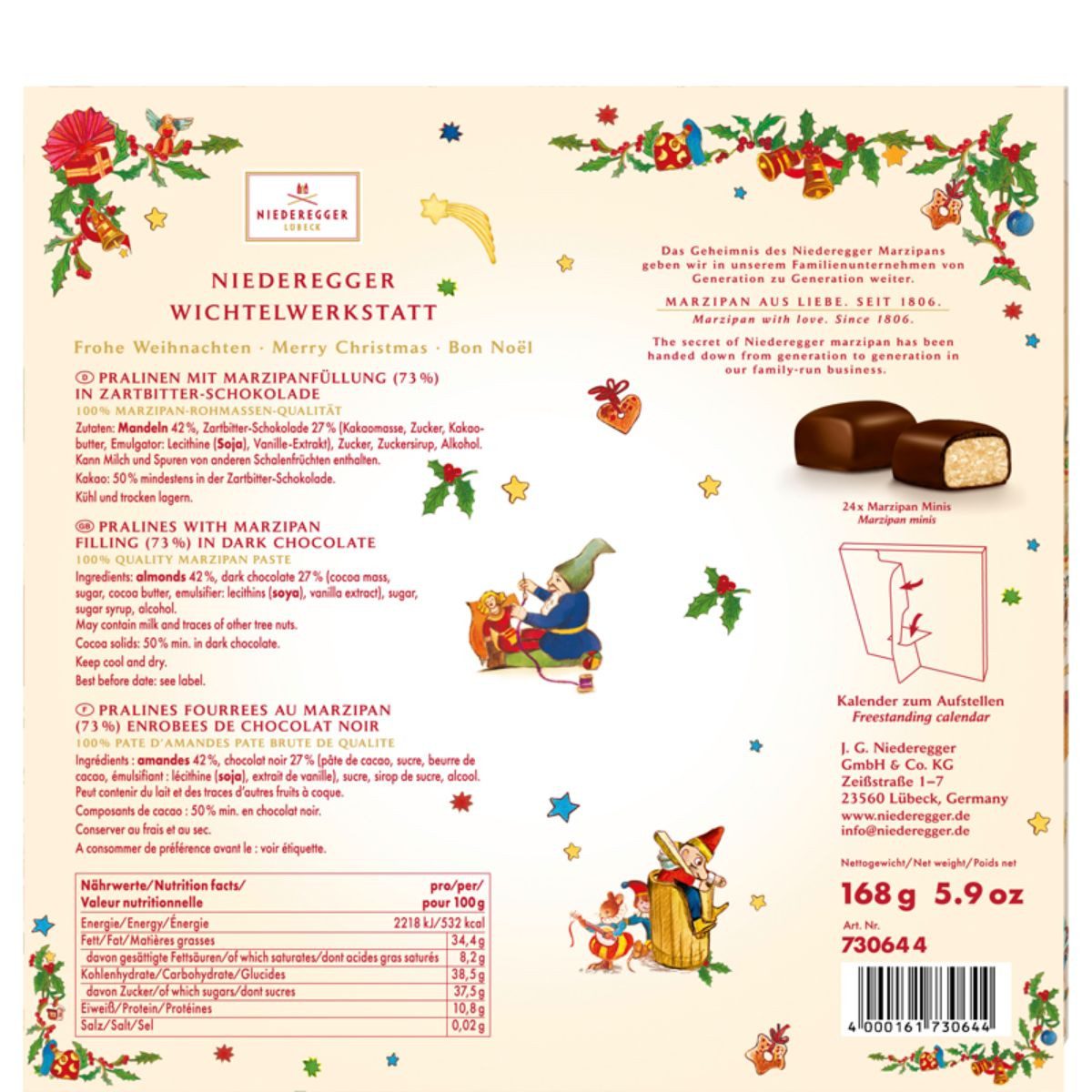 Niederegger Lebensmittel-Adventskalender Niederegger Adventskalender Mini Wichtelwerkstatt 168 g – Marzipan, 24 Kalendertürchen – Bild 2 von 2