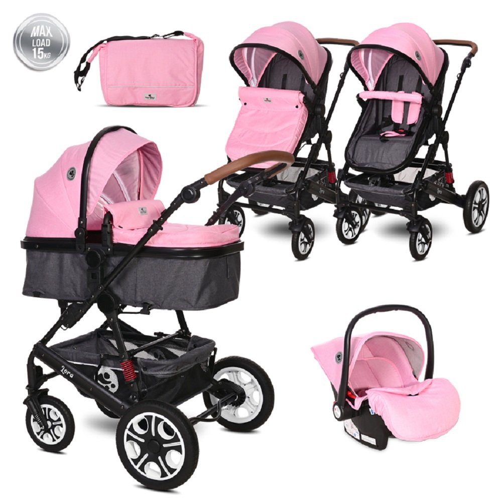 Lorelli Kombi-Kinderwagen Kombikinderwagen Lora 3 in 1, Autositz Tragetasche Sportsitz Fußabdeckung rosa pink