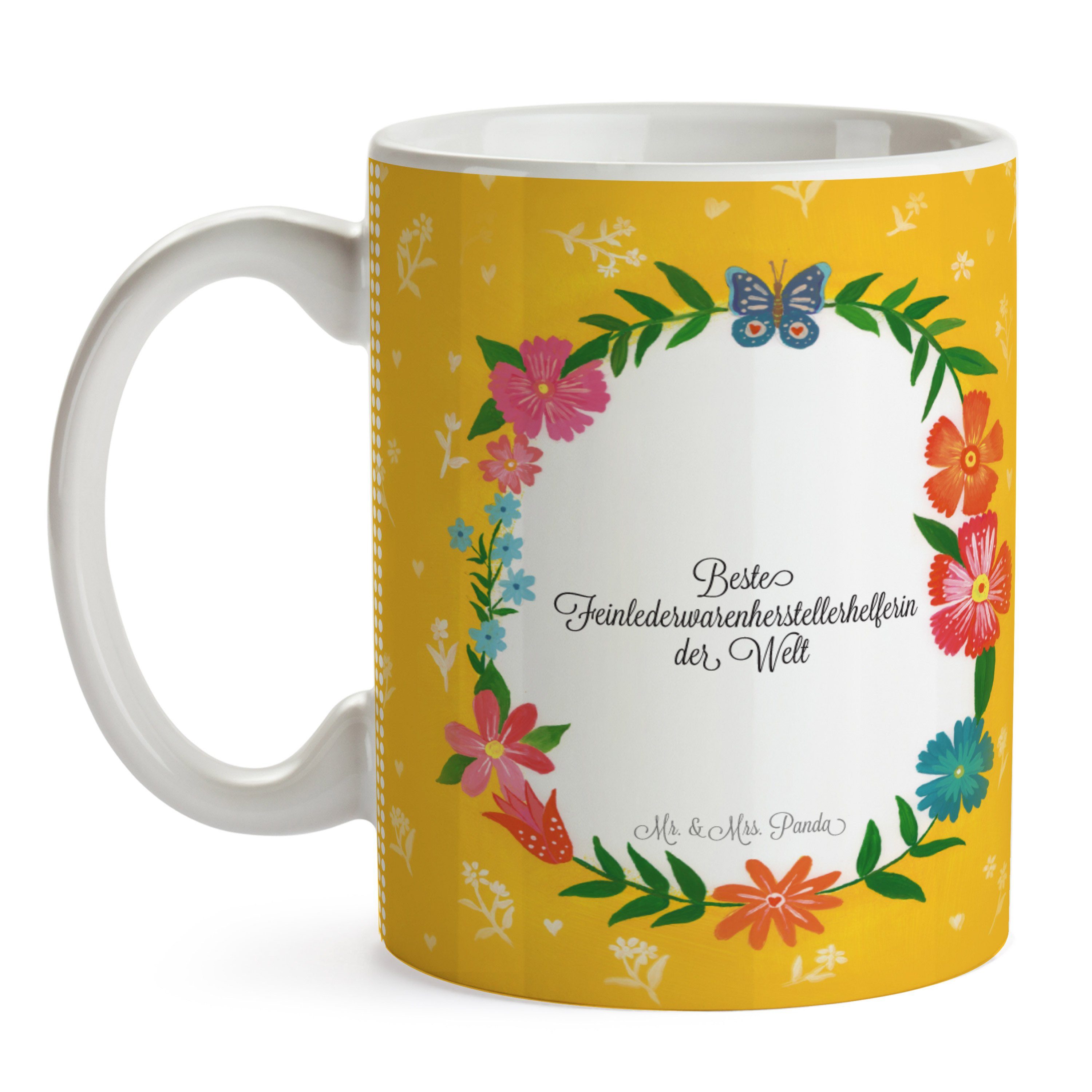 Mr. & Mrs. Panda Tasse Kaffeebecher, - Feinlederwarenherstellerhelferin Bür, Geschenk, Keramik Tasse