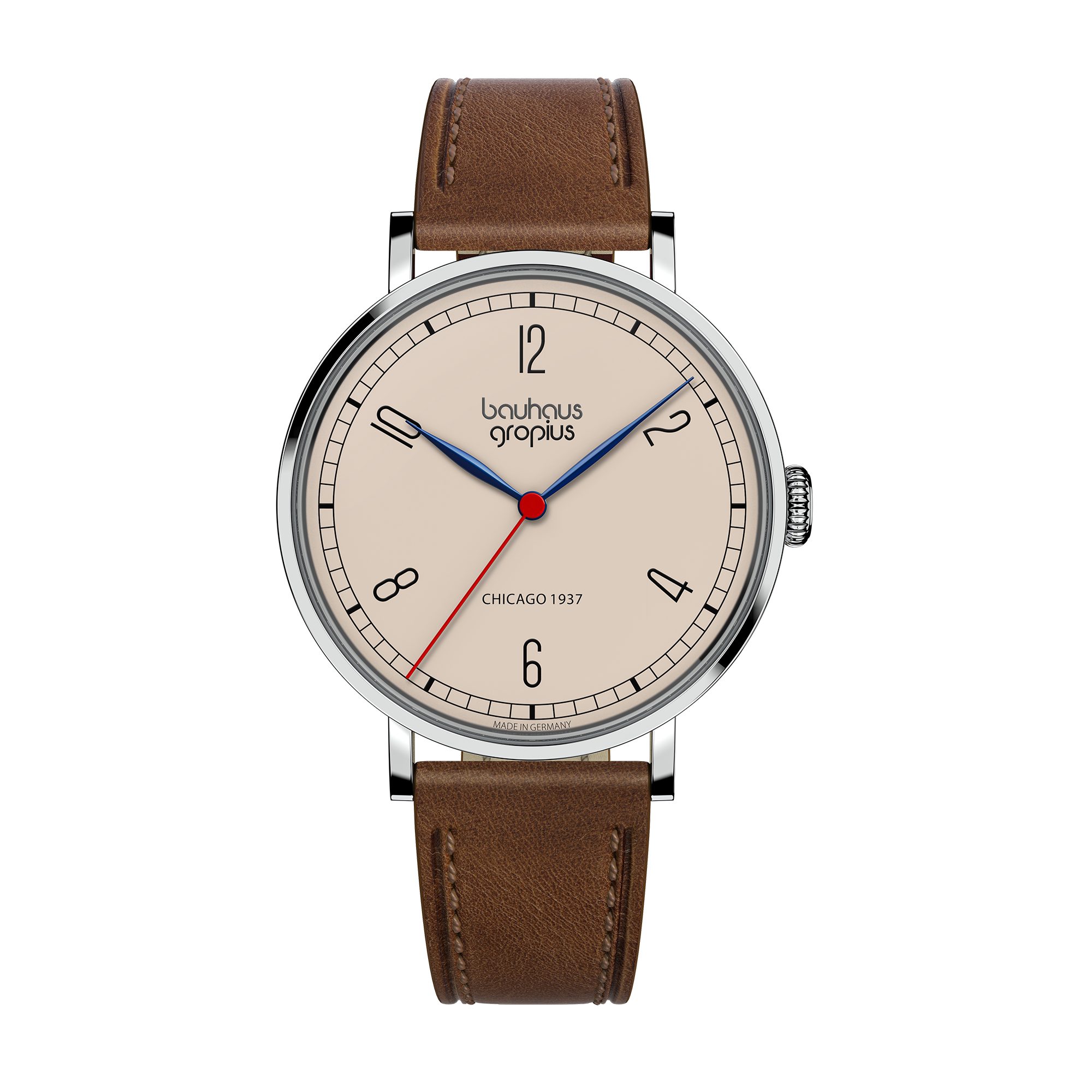 Walter Gropius Quarzuhr Made in Germany, Saphirglas, New Bauhaus Chicago 1937 - WGN 002-01, Designeruhr, Lederarmband mit Easy-Release System, Edelstahlgehäuse