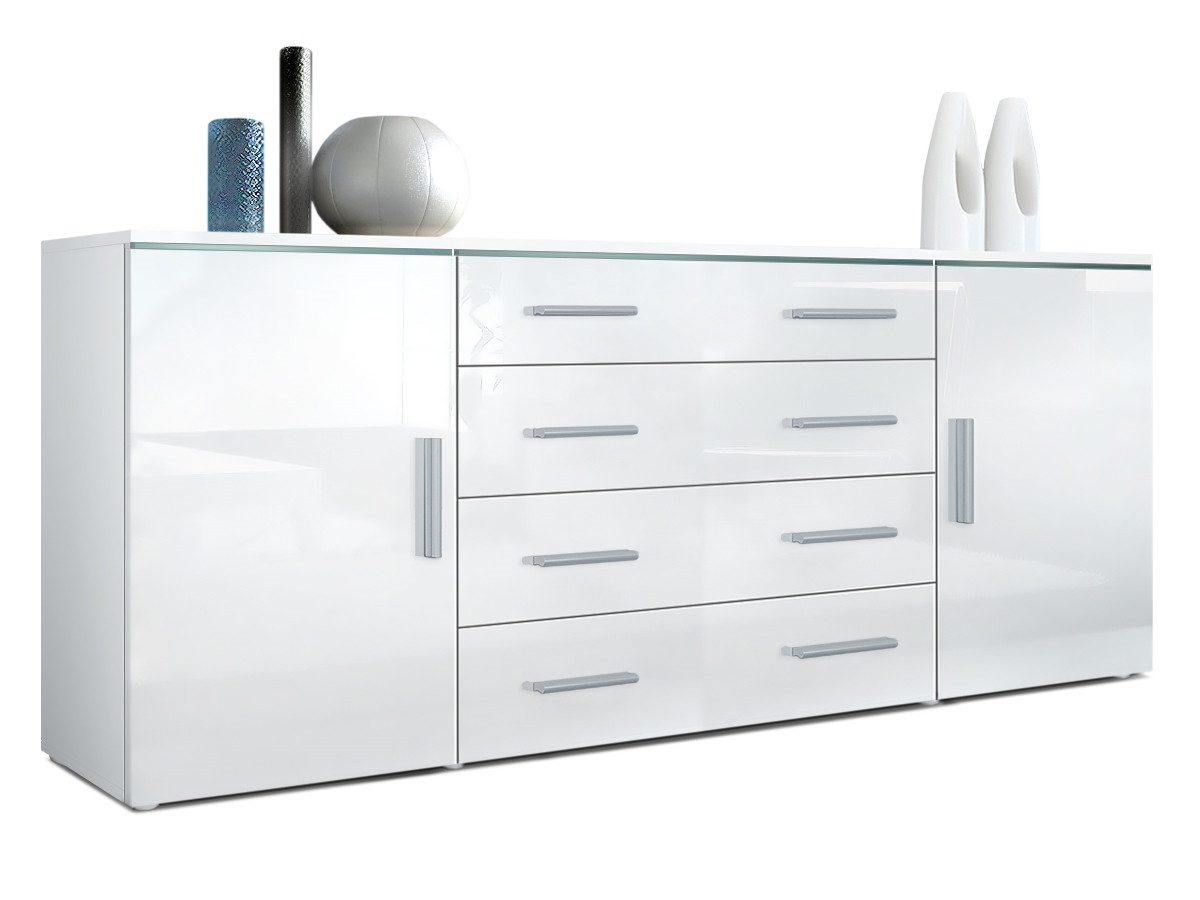 Vladon Sideboard Verona V2 (Kommode, mit 2 Türen und 4 Schubladen), Weiß matt/Weiß Hochglanz (166 x 72 x 35)