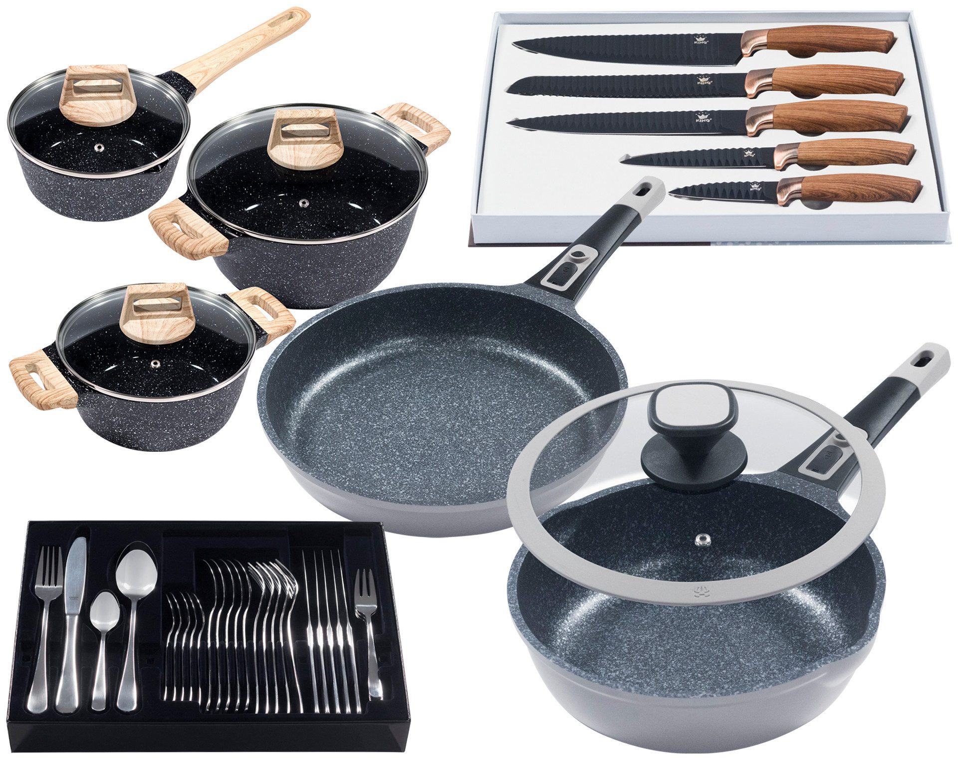 KING Pfannen-Set Moonscape, Aluminiumguss (Set, 11-tlg), Induktion, (Töpfe+Glasdeckel, Pfannen+Deckel,Messer,Besteckset)