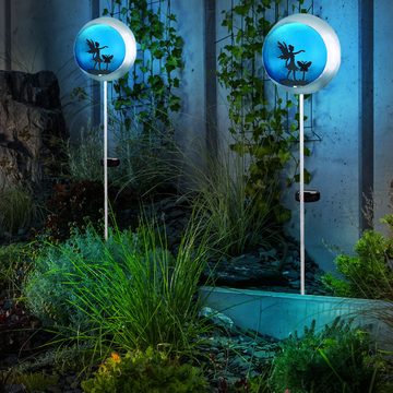 Globo LED Solarleuchte, LED-Leuchtmittel fest verbaut, Warmweiß, Steckleuchte Solarlampe Außenleuchte LED Fee blau silber Erdspieß 3x