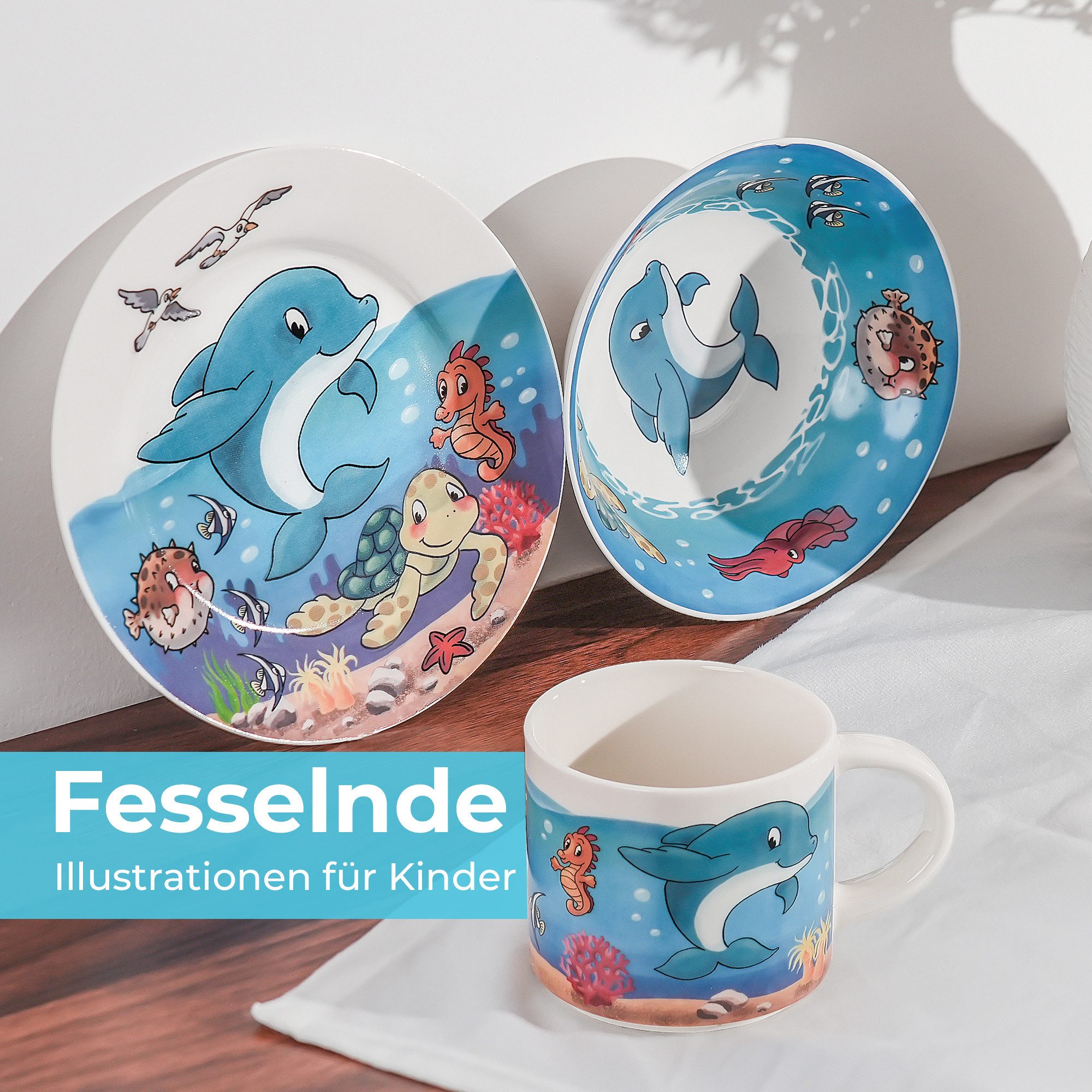 MiaMio Kindergeschirr-Set Ozean Motiv Blau (3-tlg), 1 Personen, Keramik, Teller, Schüssel und Tasse mit Kindermotiv