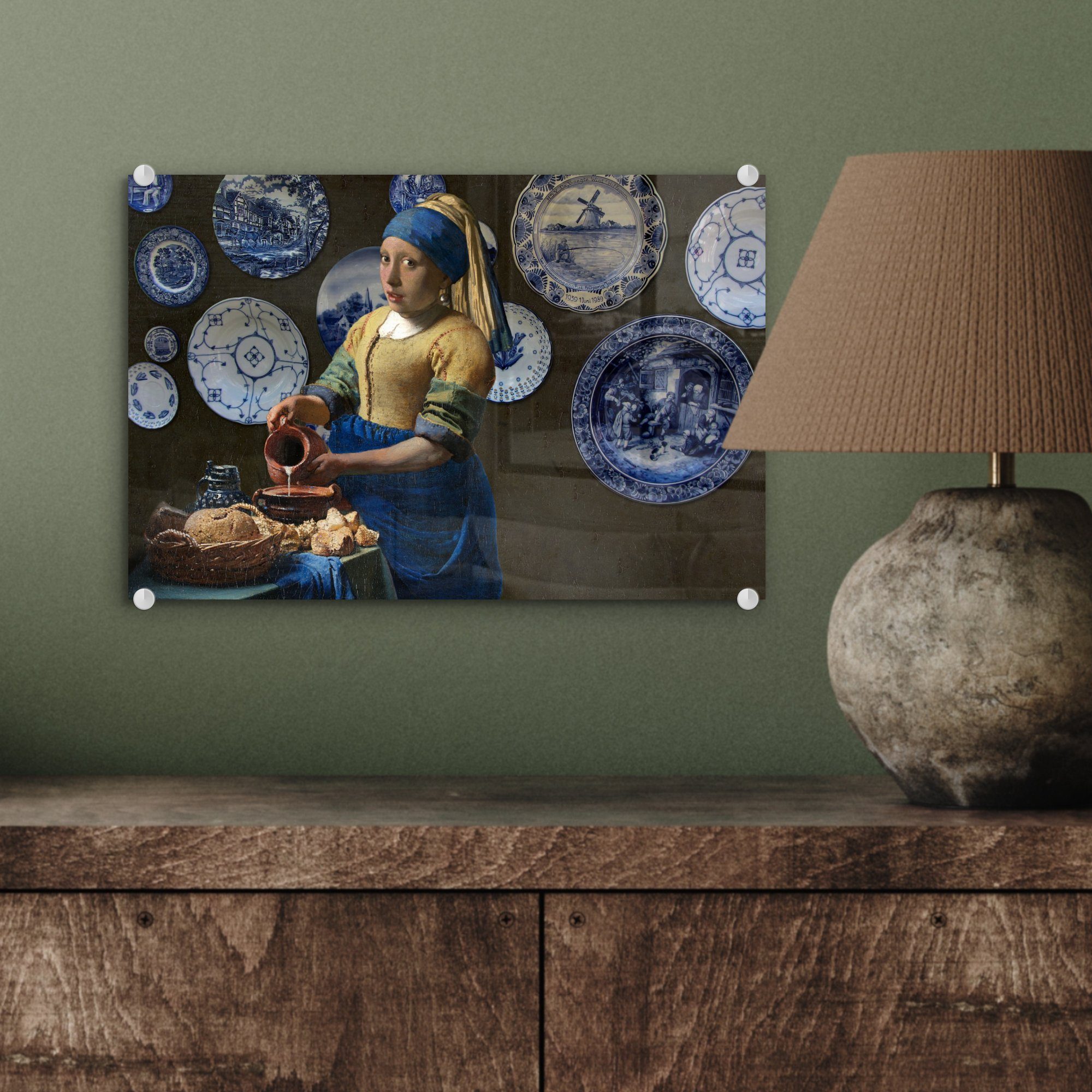 MuchoWow Acrylglasbild Mädchen mit Perlenohrring auf Bilder - Milchmädchen - - Blau, Delfter - (1 auf Wanddekoration Glas Wandbild St), - Glasbilder Foto Glas