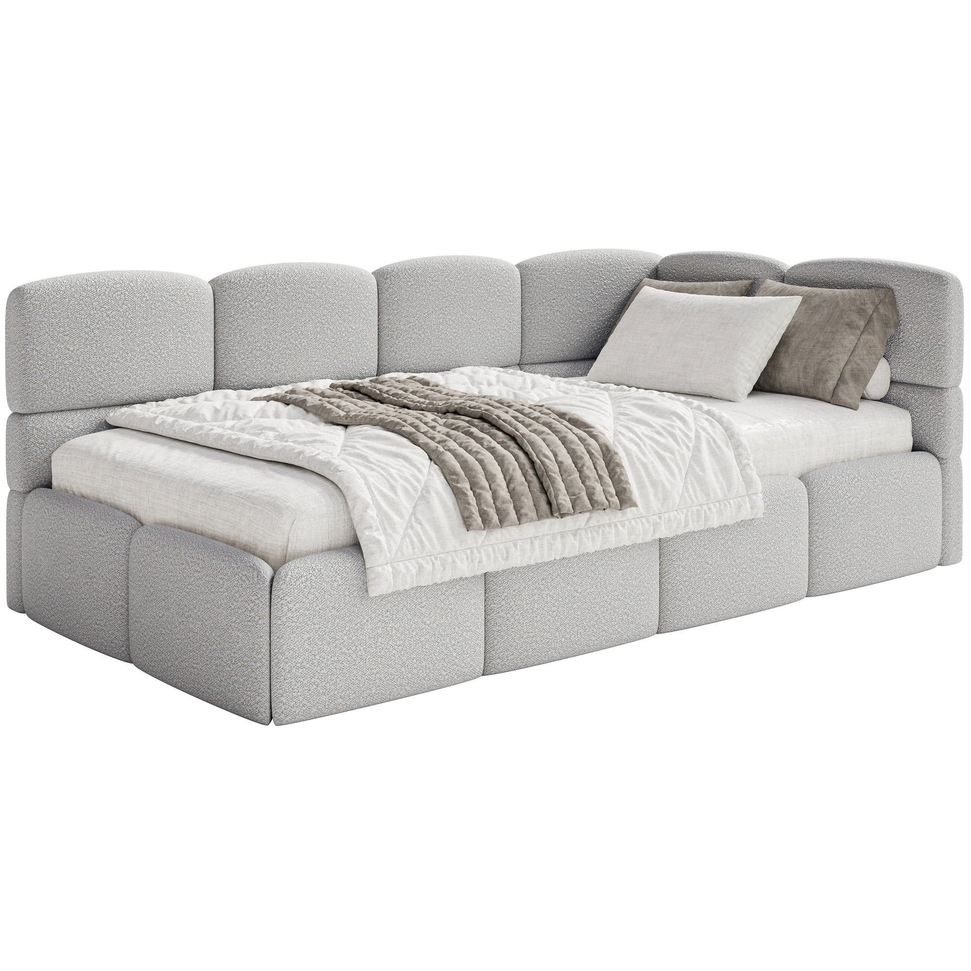 Selsey Jugendbett CLOUDY, Jugendbett mit Eck-Kopfteil, Matratze, Stauraum und Bouclé, 120x200 cm