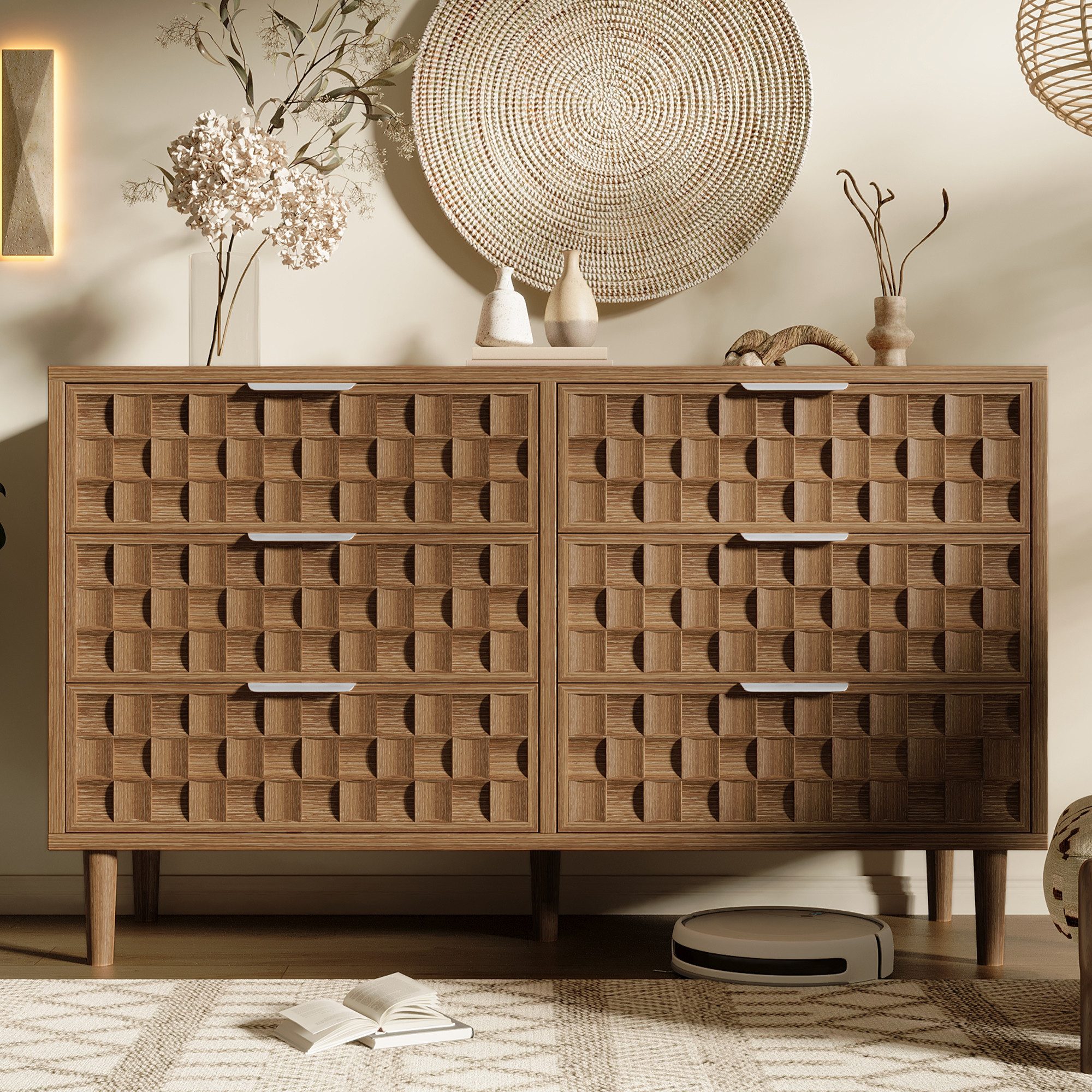 Flieks Kommode mit 6 Schubladen & Metallgriffen, im Schokoladenwaffel-Design (120x37x77 cm, 1 St., Multifunktionsschrank für Wohnzimmer, Schlafzimmer, Esszimmer), Sideboard Mehrzweckschrank Anrichte Walnussholzfarbe, Holzbeine