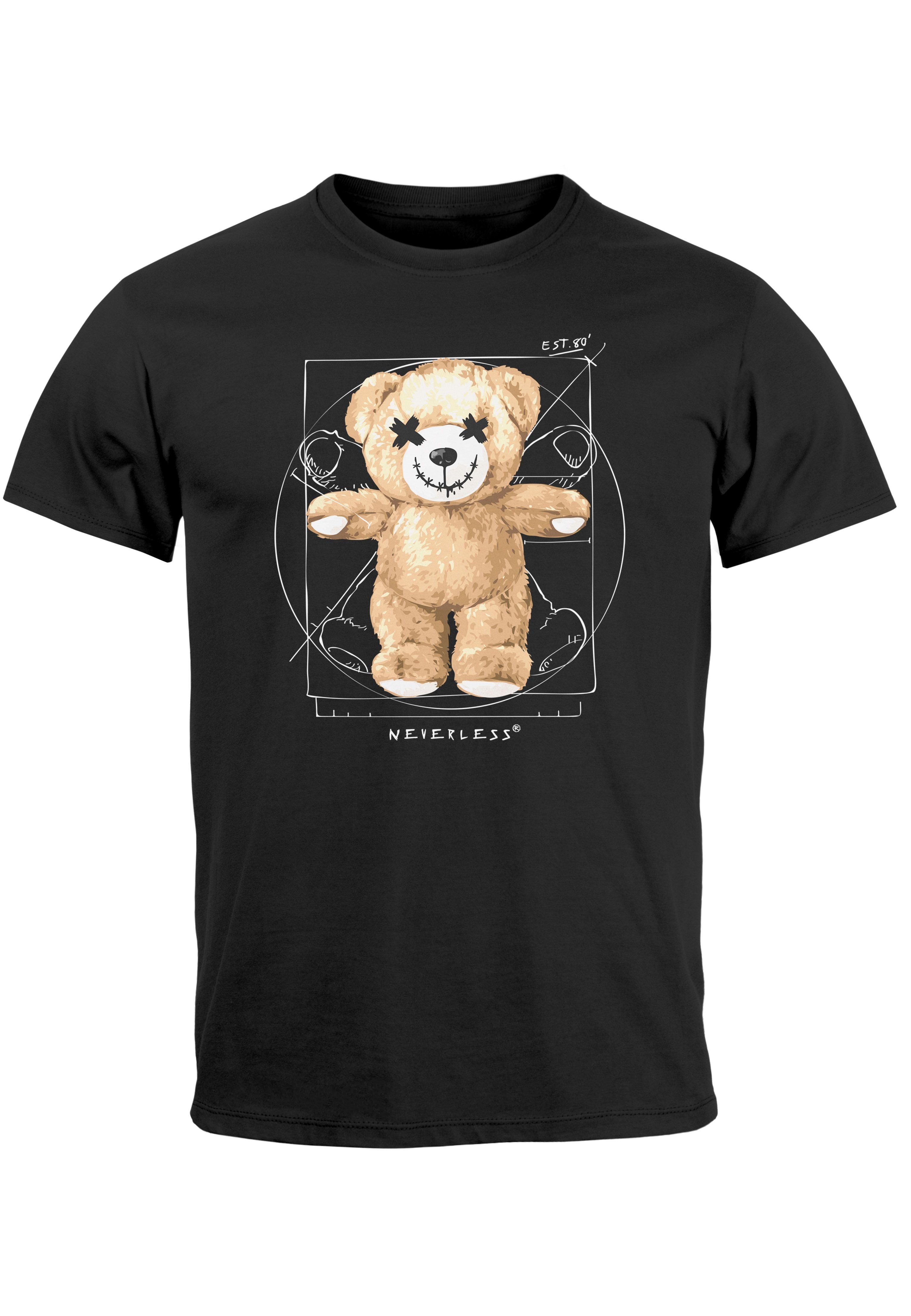 Neverless Print-Shirt Herren T-Shirt Print Teddy Bär DaVinci Meme Parodie Fashion Streetstyl mit Print schwarz