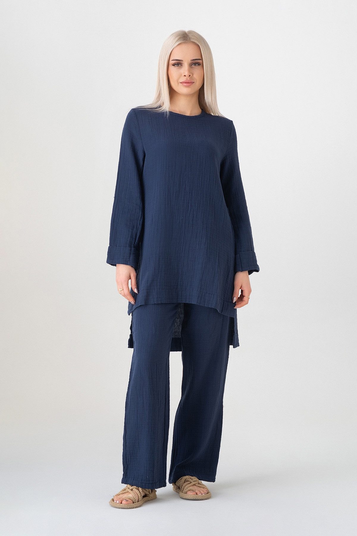 WENOR Hosenanzug Tunika Set aus Musselin 100 % Baumwolle Modest Fashion (Zweiteilig, 2-tlg., Tunika & Hose) Verlängertes Rückenteil, Zweiteiler mit Tunika und weiter Hose