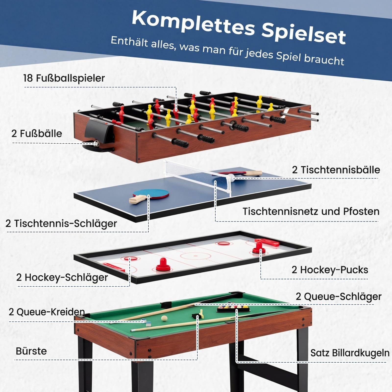 COSTWAY Kickertisch, 4 in 1 Tischkicker mit Billard, Push Hockey, Tischtennis