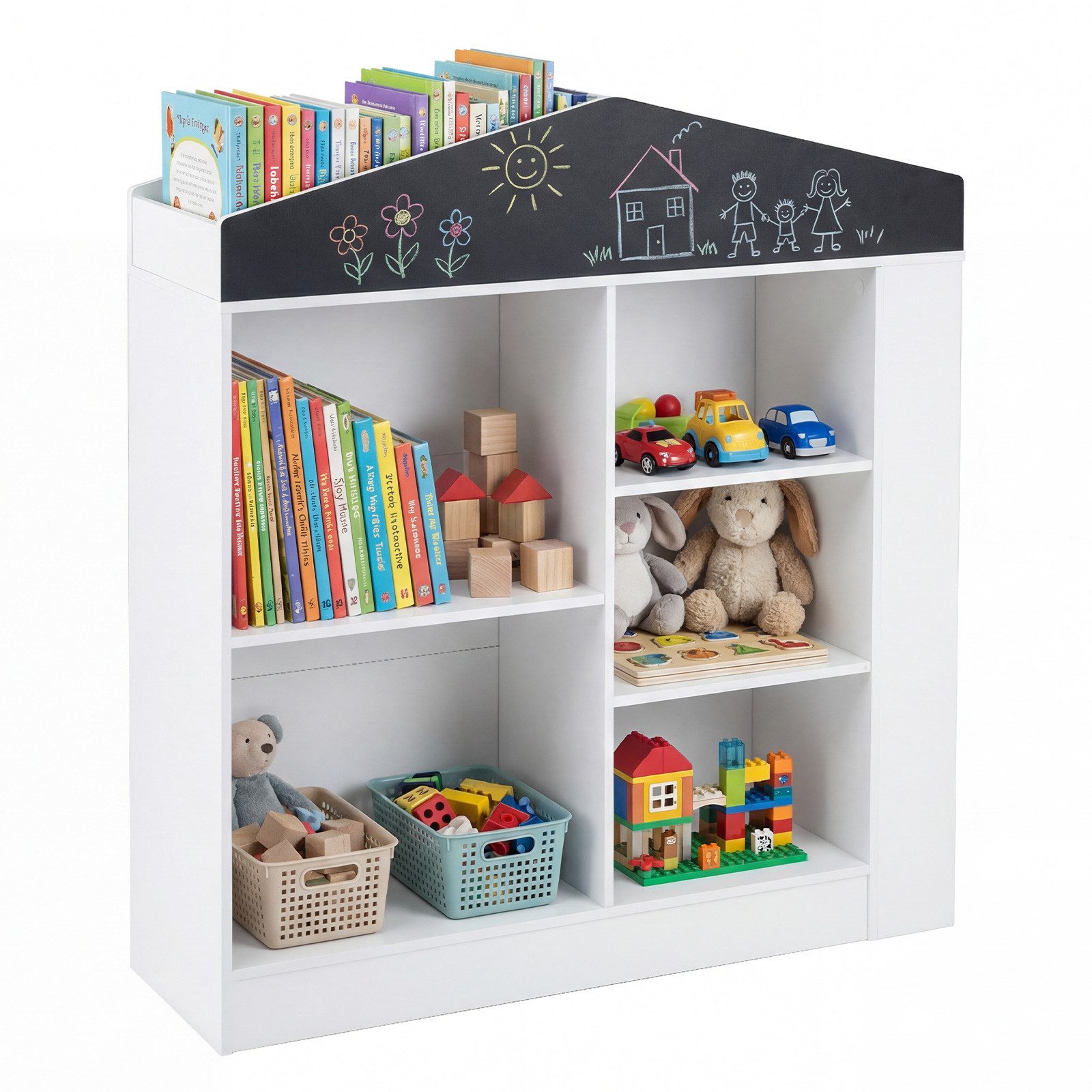 COSTWAY Kinderregal, Hausform, mit Fächern, Tafel & Kippschutzvorrichtung