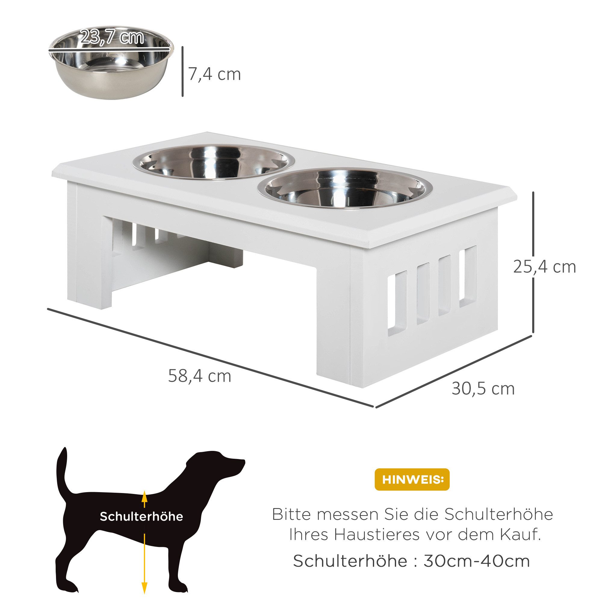 PawHut Futternapf Erhöhter Hundenapf mit 2 Näpfe Wassernapf 2 x 2000ml, Edelstahl, Edelstahl Weiß, 58,4 x 30,5 x 25,4 cm