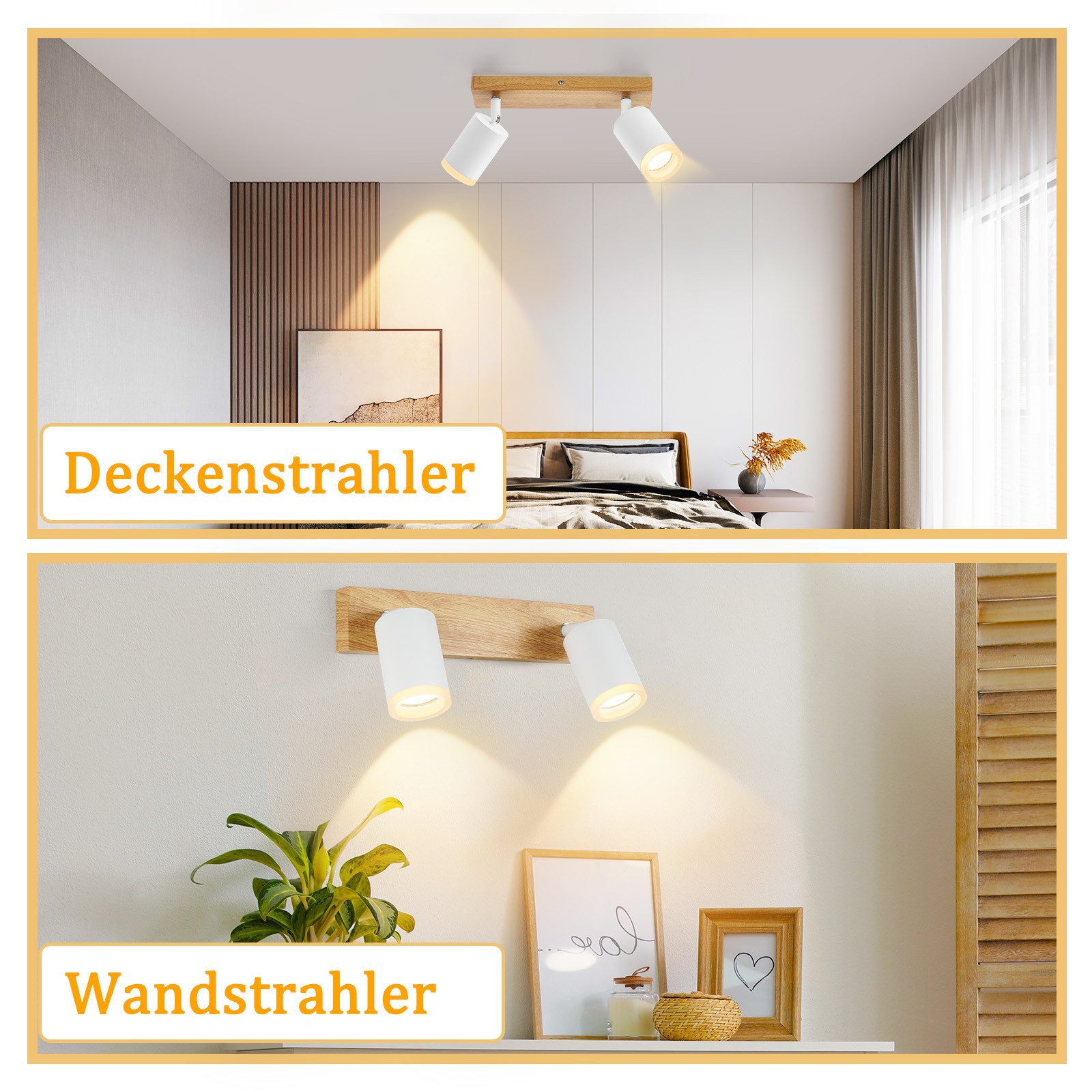 ZMH LED Deckenstrahler 2/3/4 Flammig GU10 Holz-Acryl Deckenleuchte 350° Drehbar Wohnzimmer, Einfache Installation, ohne Leuchtmittel, Weiß, 2 Installationsmethoden(Decken/Wandmontage) Vintage Flur
