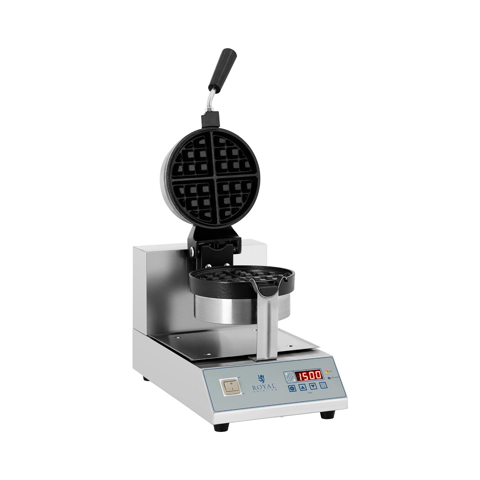 Royal Catering Waffeleisen Belgische Waffel Maker 18cm Waffelgerät Drehbar Timer LED Rund Gastro, 1300 W