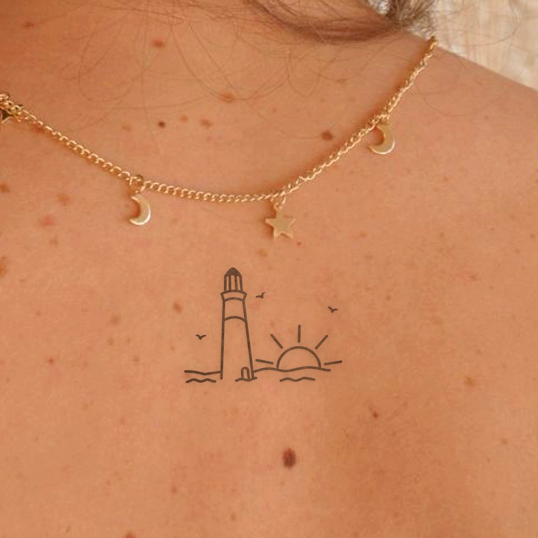 Inkster Schmuck-Tattoo Leuchtturm mit Sonne, wasserfestes temporäres Tattoo, 2 Wochen Halt
