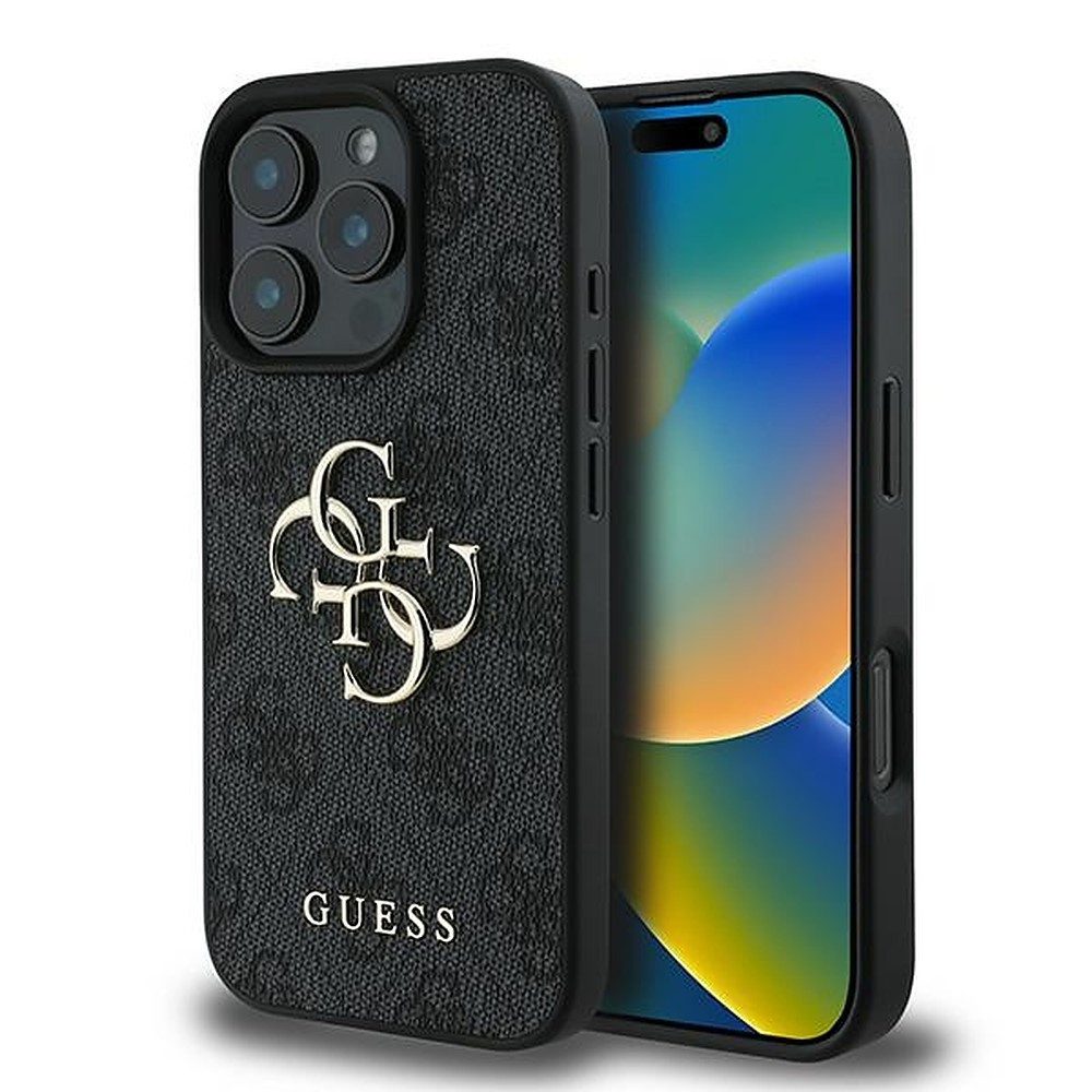 Guess Handyhülle Schutzhülle Rückschale, 4G-Logo-Print, goldfarbene Plakette, Kameraschutz