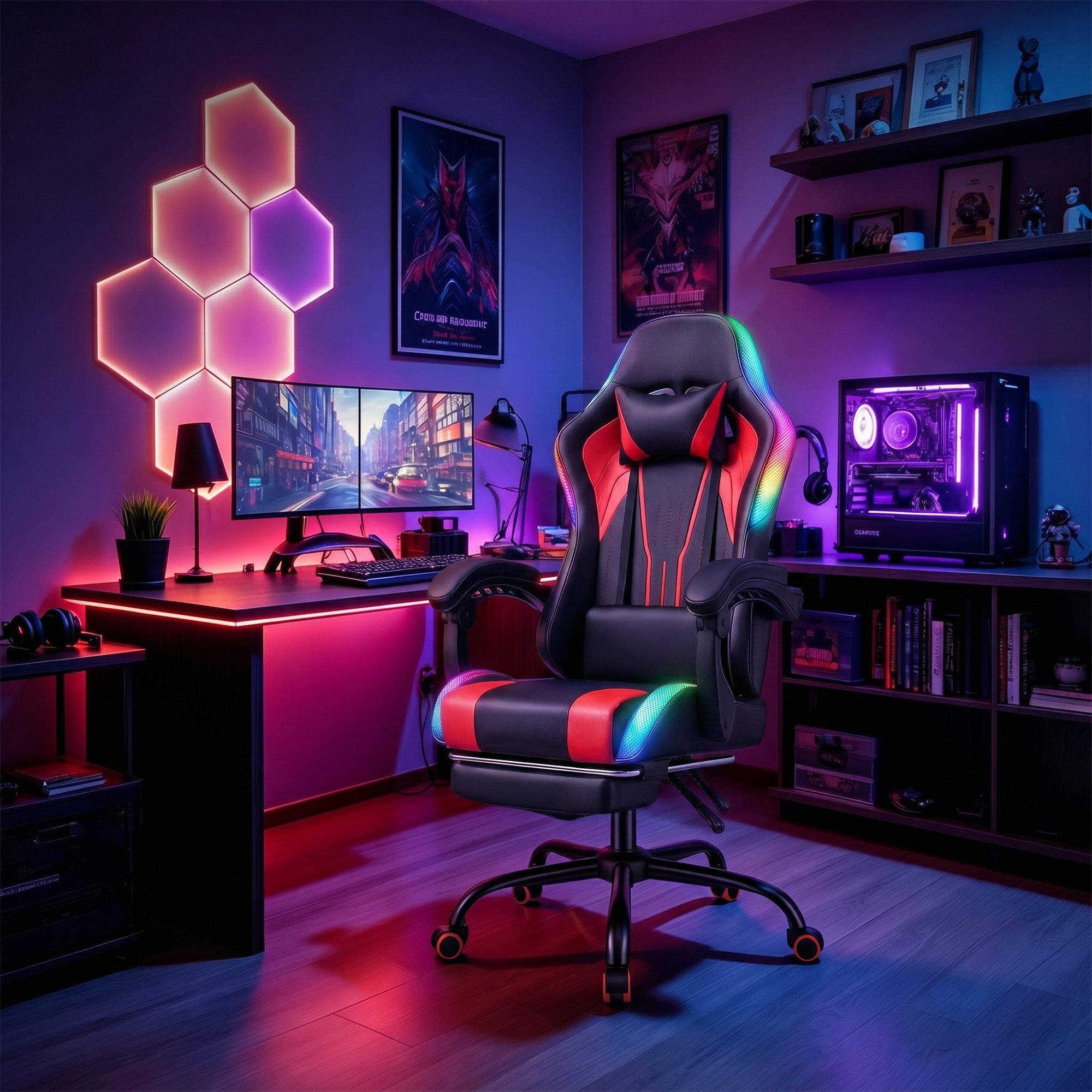 HOMALL Gaming-Stuhl mit LED,Ergonomisch,Fußstütze,computerstuhl,gaming stuhl mit massage, Ergonomischer Bürostuhl,Kopfstütze und Lendenstütze