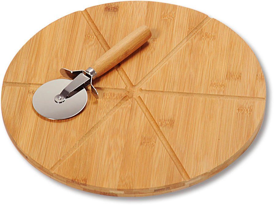 KESPER® Schneidebrett Pizza-Teller, Bambus, Edelstahl, (Set, 3-St), inkl. Pizzaschneider, aus FSC®-zertifiziertem Bambus